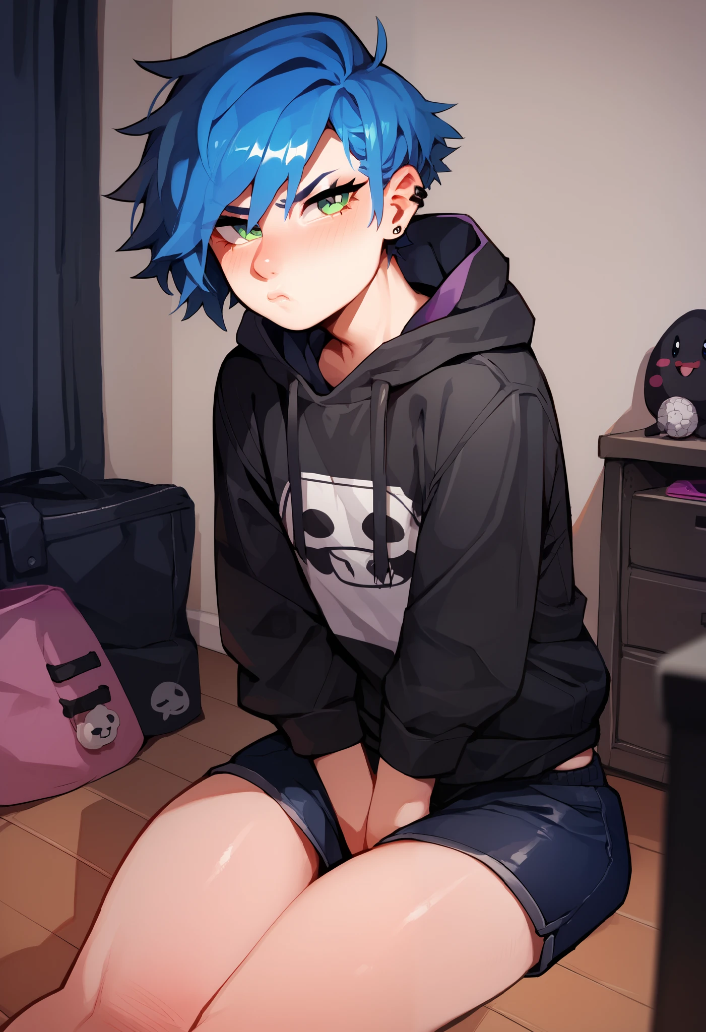 femboy in a pink gamer room, adolescent, blue hair, green eyes, emo, blushed, grumpy face, wearing a black hoodie and booty shorts, crossing arms