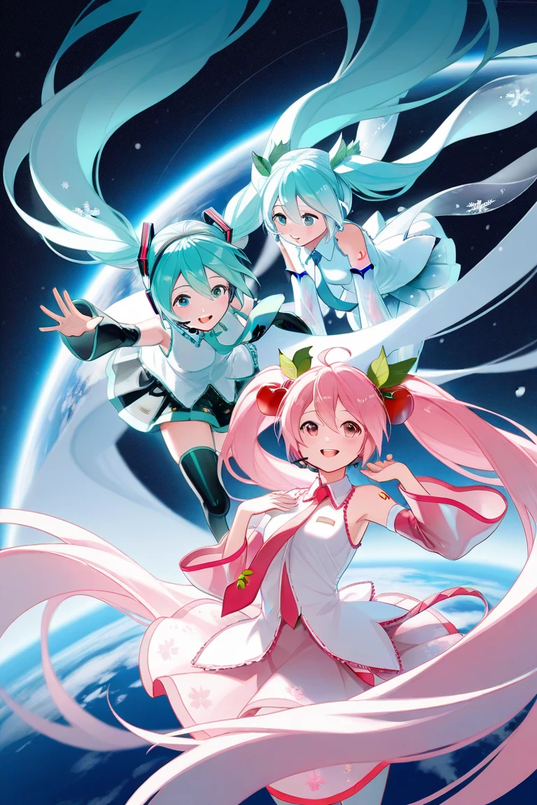 Hatsune Miku,
Snow Miku
Cherry Blossom Miku
Three Girls
 Hatsune Miku,  Snow Miku,  Sakura Miku,
Earth in view
Outer space,
Fantastic,
Mysterious