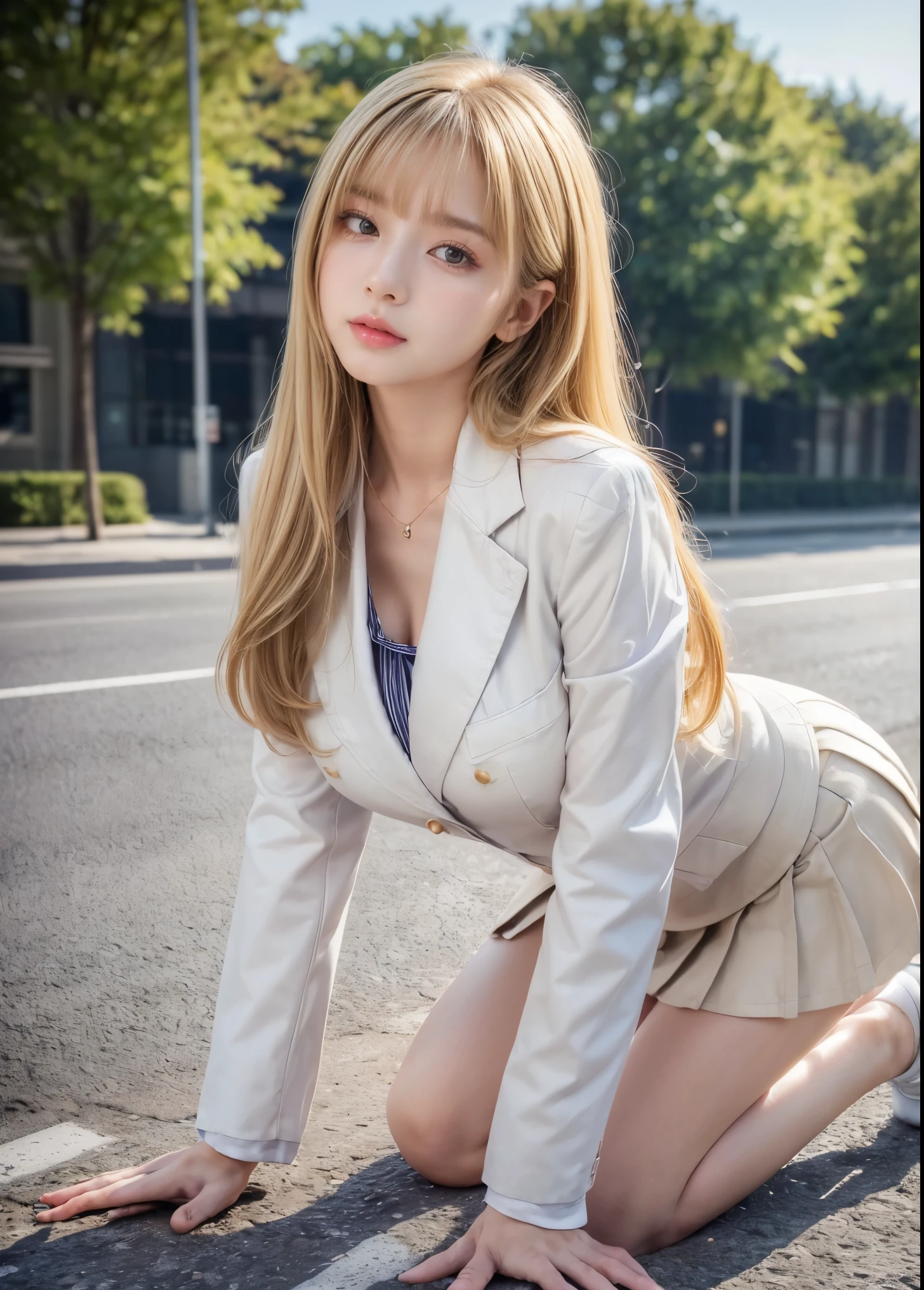 160 cm per woman, Short neck:1.3, Short torso:1.3,  is leggy:1.3, Slanted Eyes, Very big eyes, Thin lips, ((:1.2)), (((Super big breasts))), (((Saggy super huge breasts))), eye make‐up, ((Long hair)), Patsun, (((Blonde))), Big Ass, Slim body, (Muscular), ((boyish)), Small areola, Very delicate legs, realistic body, shiny skin, Big pretty face, Pretty face, beautiful woman, illustration style, japanese, (RAW photo, masterpiece:1.2), ultra detailed, ultra high res, (realistic), (extremely detailed beautiful girl, photo realistic:1.37), high detail RAW color photo, professional photograph, an extremely delicate and beautiful, extremely detailed, huge file size, official art, (((smile))), ((( high school girl uniform))), ((( blazer uniform:1.5))), (((Lean forward and roll up the skirt to see the panties:1.5))), (((miniskirt:1.5))), (((Picking up a bag from the ground:1.5))), (((Lean forward on the road:1.5))), ((( back view:1.5))), (((White cotton panties:1.5))), oafer, (((Highlight the panties:1.5))), (((Take a close shot of one girl's panties from directly below:1.5)), ((( full body shot:1.5))), (((Stand and lean forward and put your hands on the ground:1.5))), グラビアポーズ