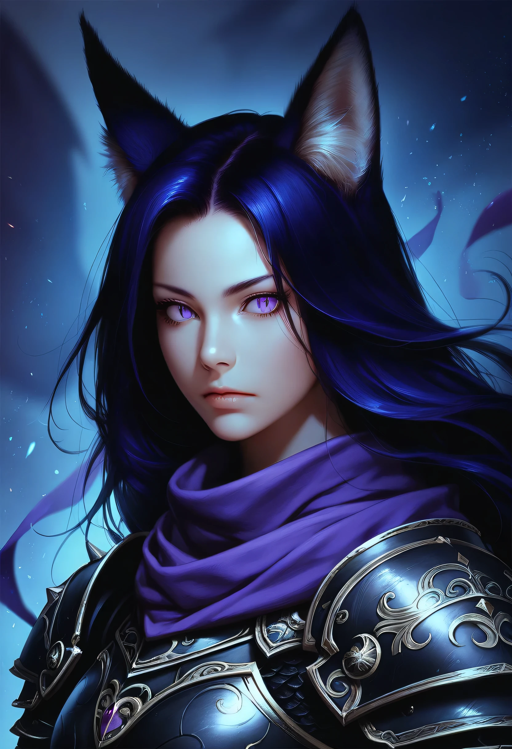 One woman, mature, anime, female anime character, purple eyes, sharp face, slit pupils, expressionless, seven black fox tails, large fox ears, black flowing hair, in a black plate armor with a purple scarf, claws, fingerless gauntlets, templar, detailed anime character art, dark, facing center, dark armor, sharp focus,arm0rs3nt1n3l, dark theme, low light, zPDXL3.