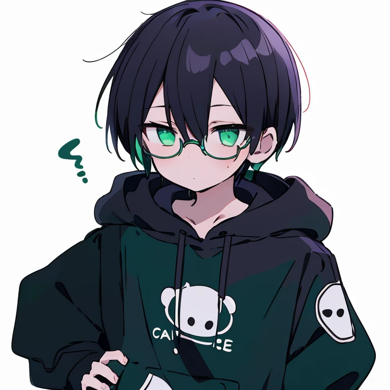  1 boy、 short hair、 multi-colored hair(white色、Dark Green)、 hoodie (white、black)、Glasses