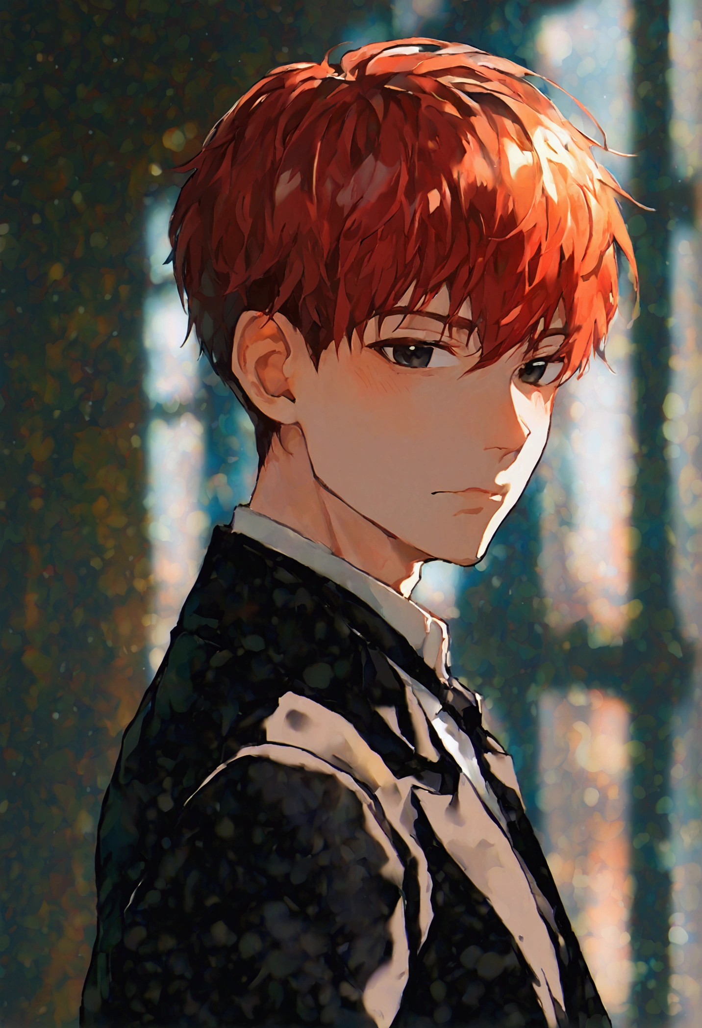 A man with short red hair,  dark black eyes ,   he is wearing a black suit , he is blushing