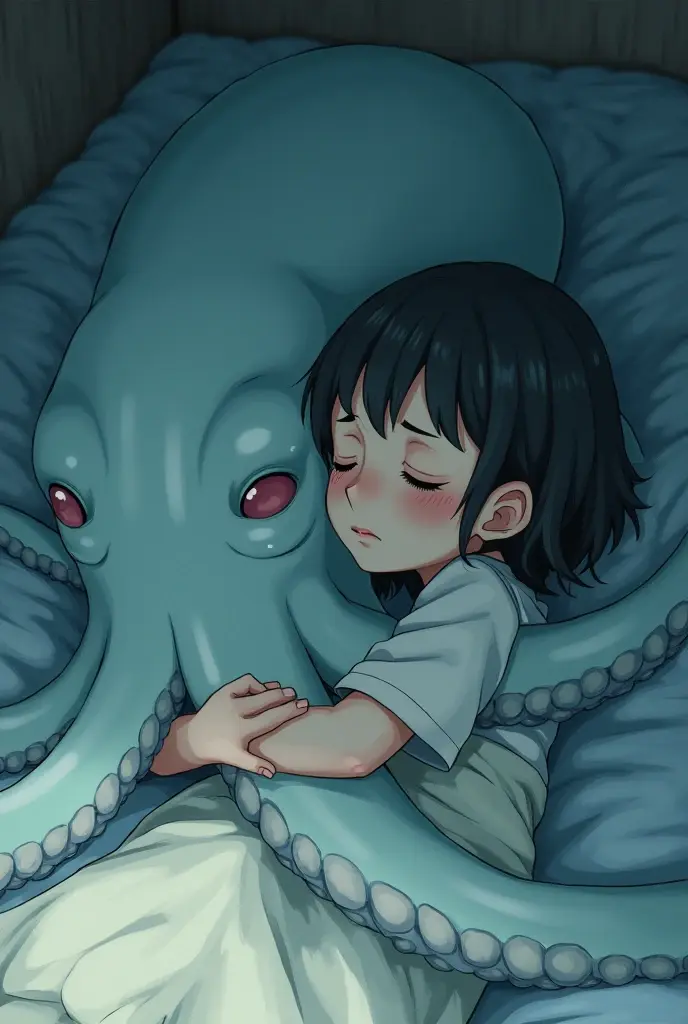 A girl on the floor sleeping and hugging a giant squid, You can see the girl&#39;s face closer but she is hugging the octopus, The girl has tired eyes and anime style 