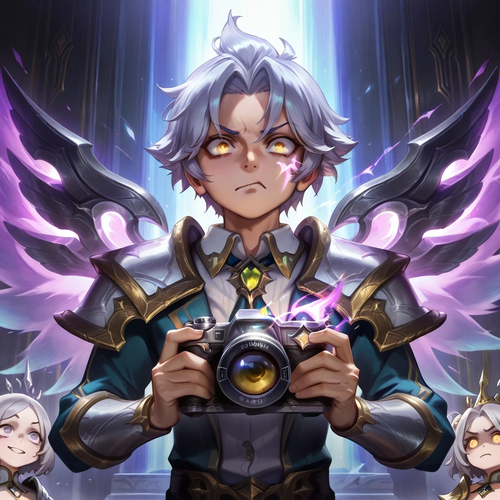 (masterpiece), best quality, expressive eyes, perfect face,male, short hair, noxus armor, silver magic energy, Camera focused on face, young man face, iron wing silver, little smiling, noxian armor, golden eyes, silver hair, one wing, pale skin, (expression of pride),male body , 