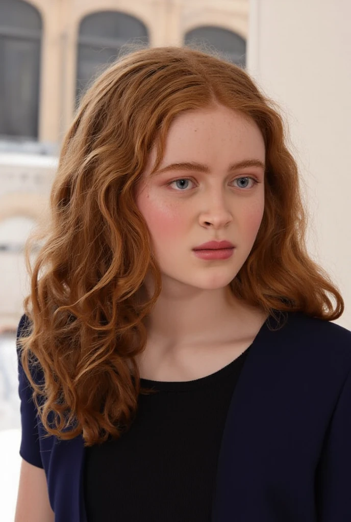 Sadie sink with a closed mouth but raised eyebrows surprised, Sadie sink 