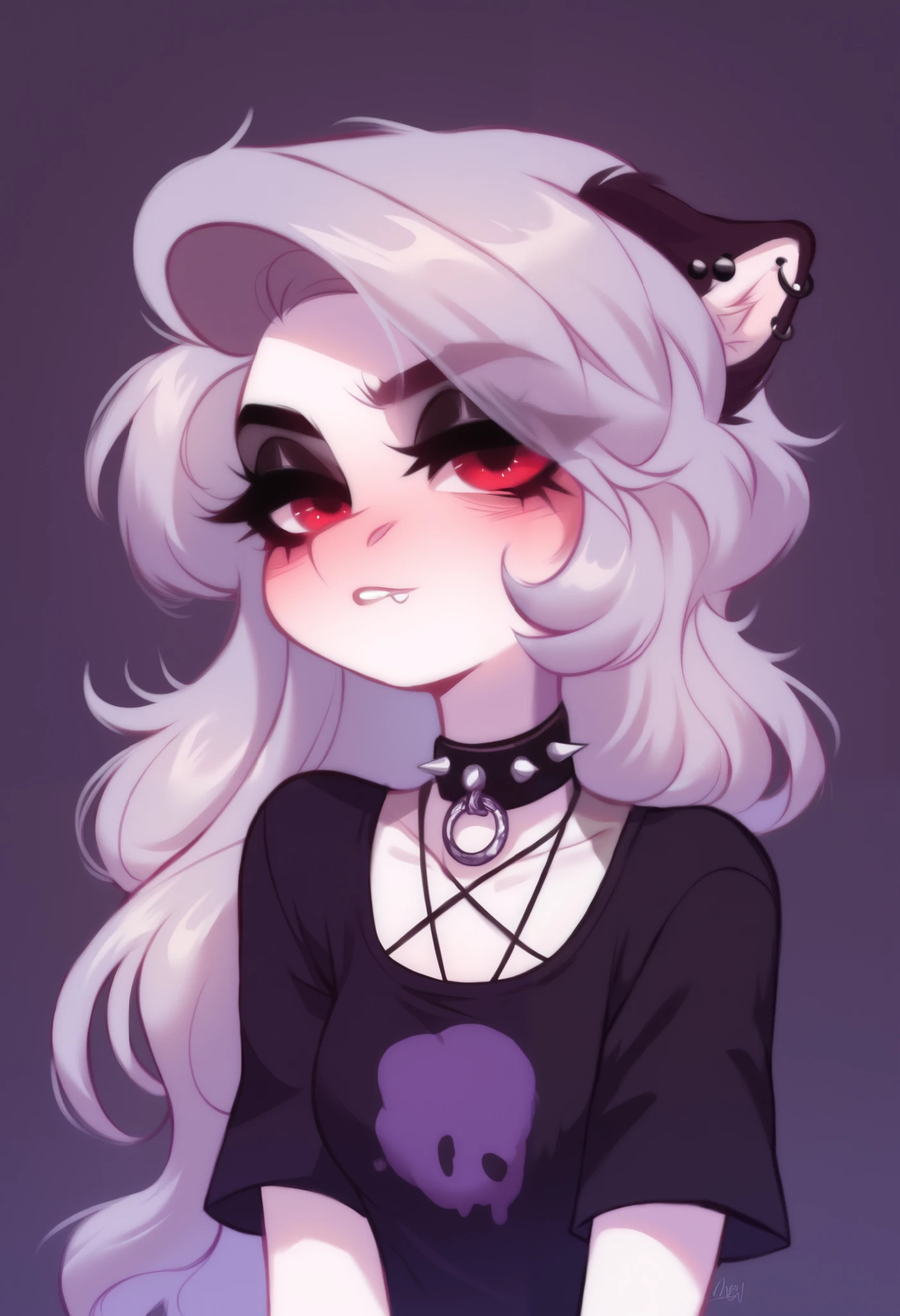 score_9, score_8_up, score_7_up, source_furry, rating_safe, by magnaluna, loona posing seductively in a goth bedroom, anthro, blushing,