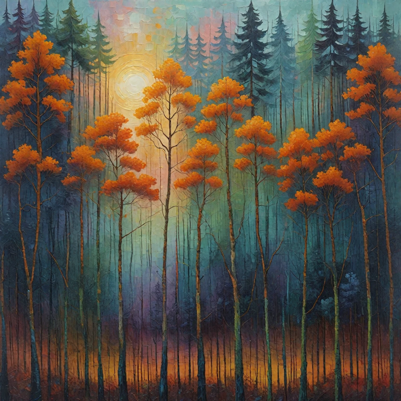 Top quality, high resolution, best composition, complex oil painting, impasto oil painting, abstract art, high quality oil painting, palette knife painting, cubist tree painting, abstract oil painting, acrylic painting, expressive rustic oil painting, cedar grove dusk forest, a forest of very tall trees with thin trunks, the leaves have a beautiful gradation of colors, the undergrowth is dense, the sunset can be seen faintly through the trees, romantic, fantastical landscape.