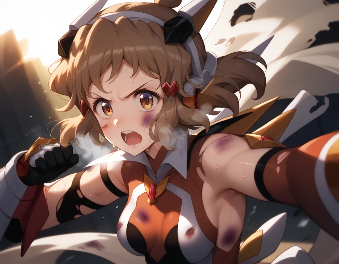  top quality ,  soft light during the cruise,  super high res,  cute, Beautiful face in every detail , High Resolution Details of Human Skin Textures, Shiny Skin,sweat,Heat, white breath ,Take a deep breath,Hibiki Tachibana,Brown Hair,, battle costume,Outdoor Arena,sunlight, serious eyes,Ready,Big eyes, Symphogear ,armed gear , open mouth ,Fighting pose,bruised body, has weapons, hair ornament, torn clothes ,Short Hair,