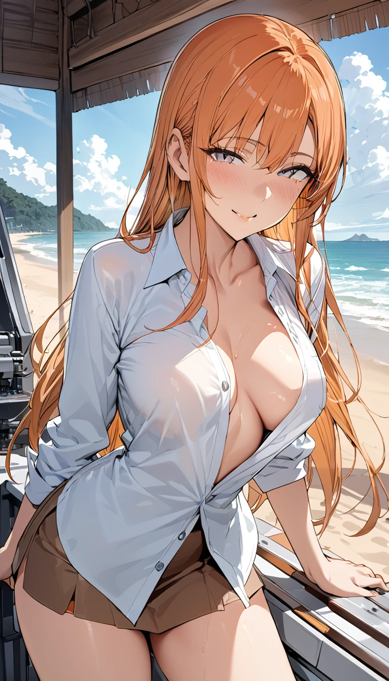 nsfw,1scene,from front,cnc,High quality,Ultra-high resolution,High-definition illustrations,Masterpiece,extremely detailed,(orange hair), unbuttoned shirt and short skirt, beach,Medium breasts,beautyfull curvy,mole under eye, gentle smile, (asunama), only upper body, close up