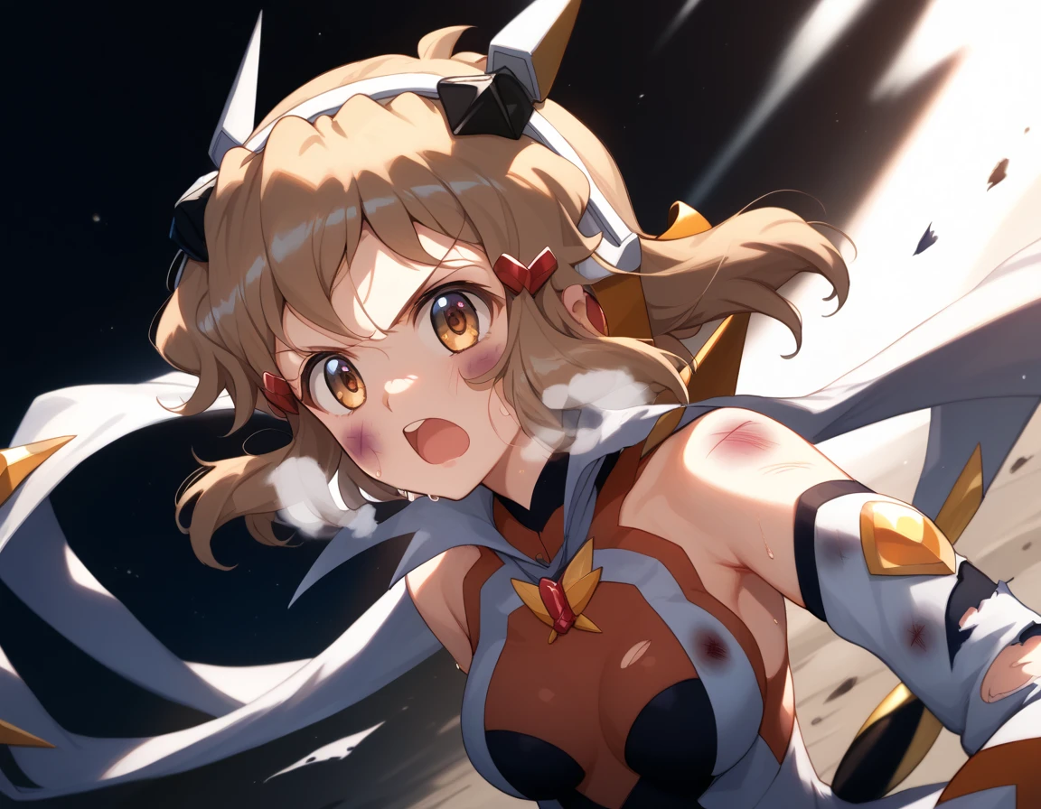  top quality ,  soft light during the cruise,  super high res,  cute, Beautiful face in every detail , High Resolution Details of Human Skin Textures, Shiny Skin,sweat,Heat, white breath ,Take a deep breath,Hibiki Tachibana,Brown Hair,, battle costume,Outdoor Arena,sunlight, serious eyes,Ready,Big eyes, Symphogear ,armed gear , open mouth ,Fighting pose,bruised body, has weapons, hair ornament, torn clothes ,Short Hair,