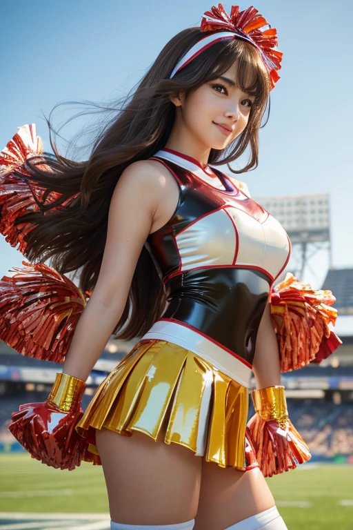 Alafed Asian cheerleaders posing dynamically with pom-poms in stadium、write、a closeup、cosplay foto、Anime Cosplay、tiny chest、Raw photography, top-quality, hight resolution, (masterpiece), (Photorealsitic:1.4), professional photograpy, foco nítido, nffsw, 8K分辨率, intricate detailes, depth of fields, the Extremely Detailed CG Unity 8K Wallpapers, front lit, femele, girl with, beautiful supermodel, A smile、A slender、Small Cheer Uniform、amarelo、Marie Rose、a sailor suit