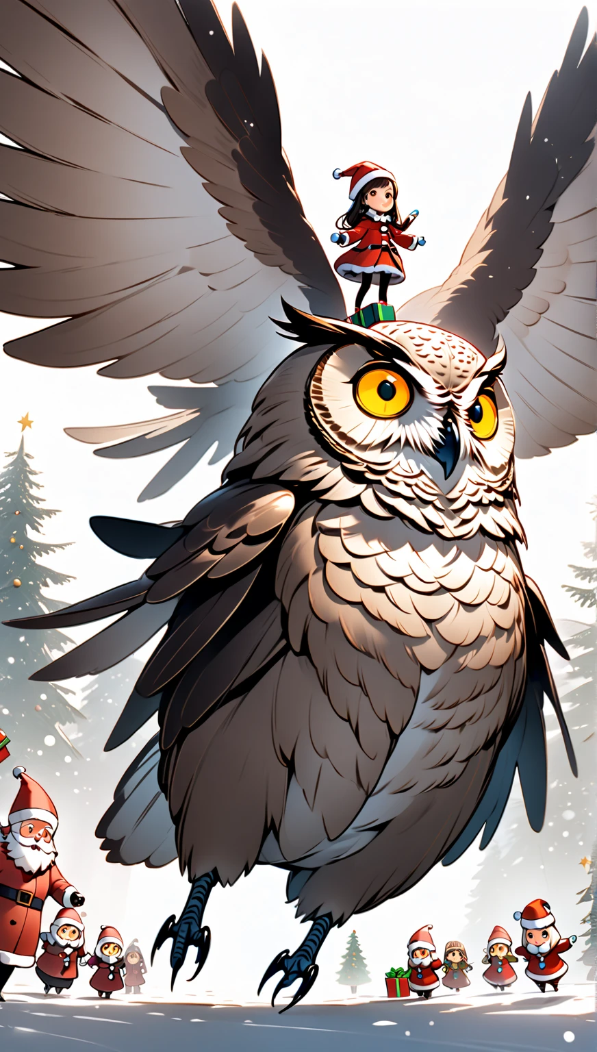  Girl riding a giant owl , Distribute presents instead of Santa Claus ，Hzk,     Ultra Miniature Girl    , 