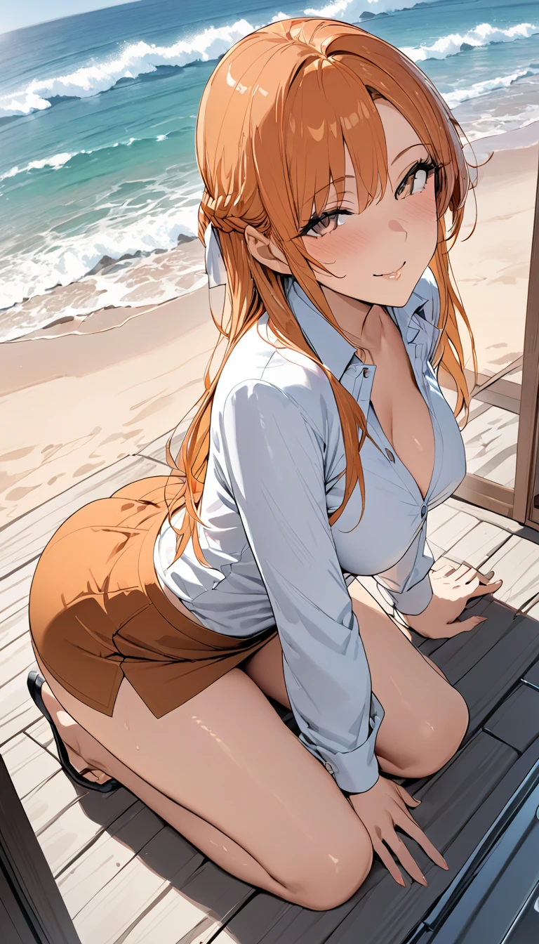 nsfw,1scene,cnc,High quality,Ultra-high resolution,High-definition illustrations,Masterpiece,extremely detailed,(orange hair), unbuttoned shirt and short skirt, beach,Medium breasts,beautyfull curvy,mole under eye, gentle smile, (asunama), kneel on floor, lean forward, big ass, (from above)