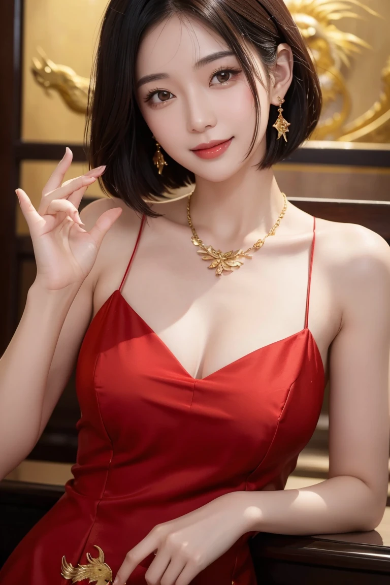 A 28-year-old Asian woman with an executive appearance, short hair, fair skin, a cute face, smiling, wearing a gold necklace, gold earrings, and a black and red cheongsam with a gold dragon pattern on the dress, is making a gesture to welcome customers