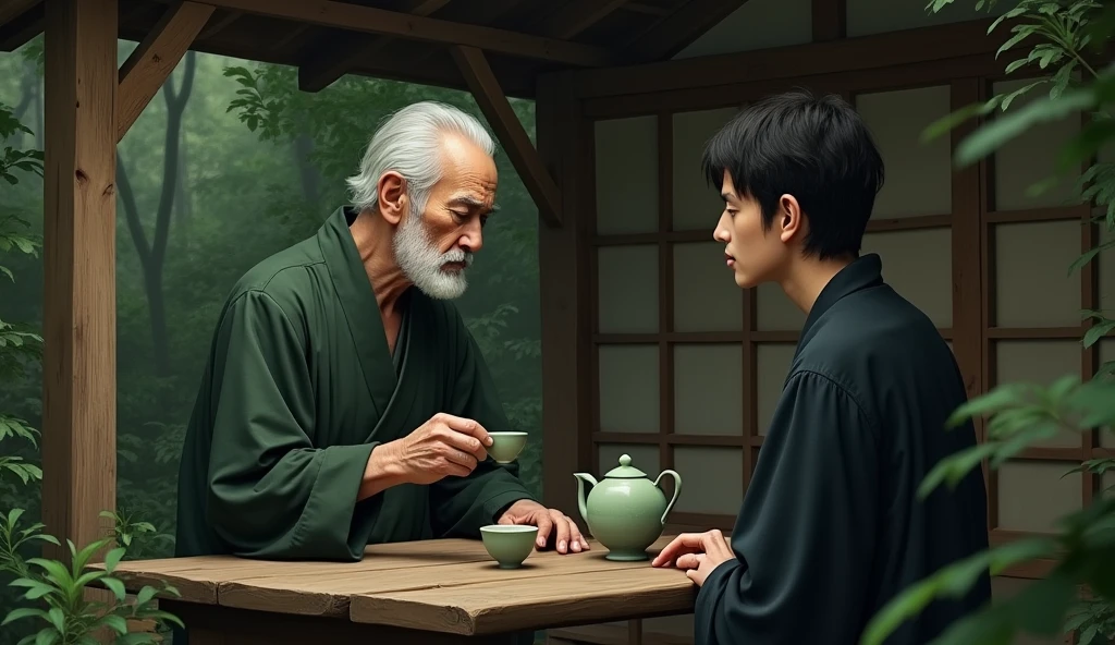 A highly detailed and realistic scene set in a traditional Japanese room with a tatami mat floor and wooden sliding shoji doors. A 70-year-old Japanese father, with a deeply lined but gentle face, gray hair neatly combed back, and a slight smile, pours sake into a small porcelain cup held by his 30-year-old son. The father wears a dark, simple yukata, symbolizing his wisdom and age, while the son, in his early 30s, wears a light-colored yukata, his expression a mix of respect and warmth as he carefully holds the cup with both hands. The low, polished wooden table between them holds the sake bottle and cups, crafted from smooth ceramic, reflecting the soft, warm ambient light that fills the room. The lighting accentuates the textures of their skin, the fine details of their clothing, and the delicate grains of the wooden table, capturing the profound bond and deep connection shared in this quiet, intimate moment.