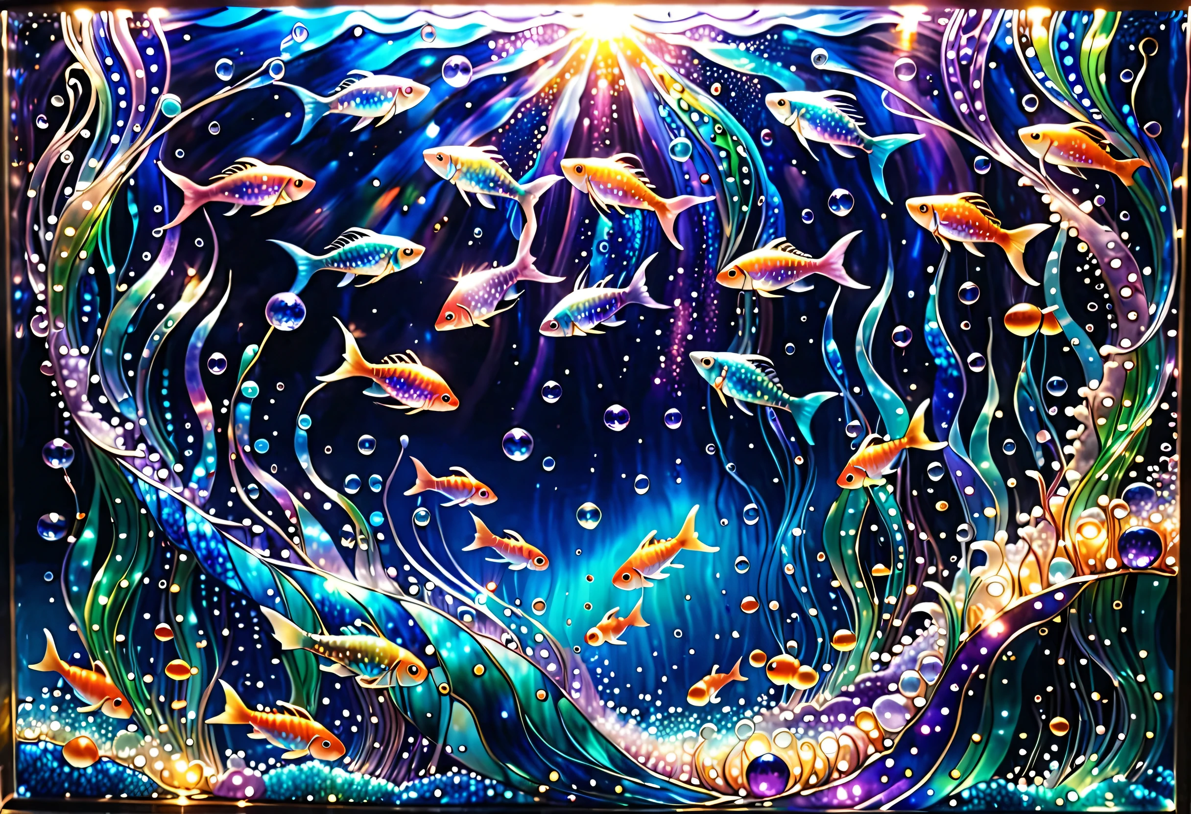 人fish　人fish姫　mermaid　fish　The ocean's beautiful　element　 jelly-like ocean, Amazing depth,　Bubble　swim　In the sea　 glitter　reflection、 stained glass　Glass　water　waterの中　 beautiful　Painting