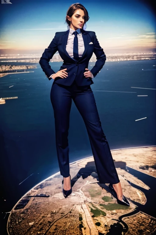 Hight altitude view of an approaching young giga giantess, Giantess art, 500 miles tall giga giantess, young sophisticated and stylish woman in a navy blue italian pinstriped trouser 3-peice suit, form fitting crisp office shirt, and a large wide light blue necktie in a windsor knot, with a beautiful, curvaceous figure, large natural breasts, and long blonde hair, with a curvaceous figure and massive breasts. wearing blue rounded court high heels with uncovered feet and standing, rampage-like pose, with a city skyscrapers background of mega-city, skyscapers, partially obscured by a hazy, cloudy atmosphere. The image is a high-resolution, masterpiece-quality, cinematic, ultra-detailed, and hyper-photorealistic photograph, with perfect hands, face, and lighting. ultra-detailed, 8K, photo-realistic, hyper-realistic, masterpiece, intricate details, full body view. Looking at camera, The image is a high-resolution, masterpiece-quality, cinematic, ultra-detailed, and hyper-photorealistic photograph, with perfect hands, face, and lighting. ultra-detailed, 8K, photo-realistic, hyper-realistic, masterpiece, intricate details, from high above