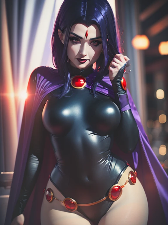 Woman, 30 years, dark blue hair, red eyes, makeup, red lips, Surrealism, cinematic lighting, god rays, wide shot, bokeh, UHD, masterpiece, super detail, high quality, outfit raven