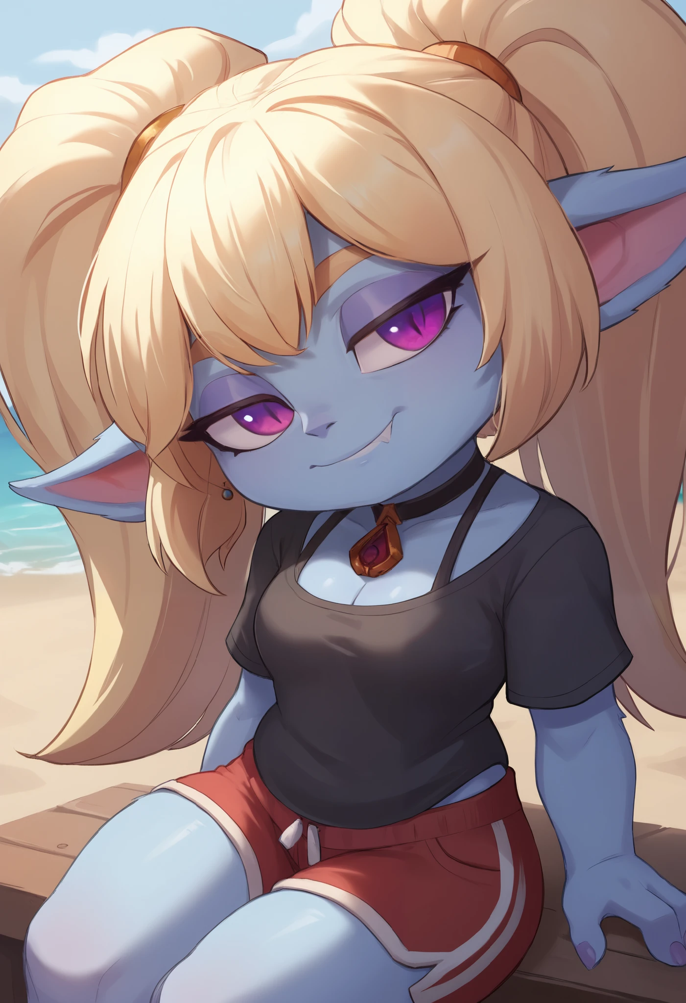 score_9, score_8_up, score_7_up, rating_safe, 1girl, (shortstack:1.3), cute, p0ppy, yordle, blonde hair, blue skin, big twintails, small breasts, huge hips.(head tilt:1.3), smug, bedroom eyes, close-up, cleavage, solo, 4 fingers. choker. makeup, earrings, red pendant, tshirt. shorts. beach. sitting
