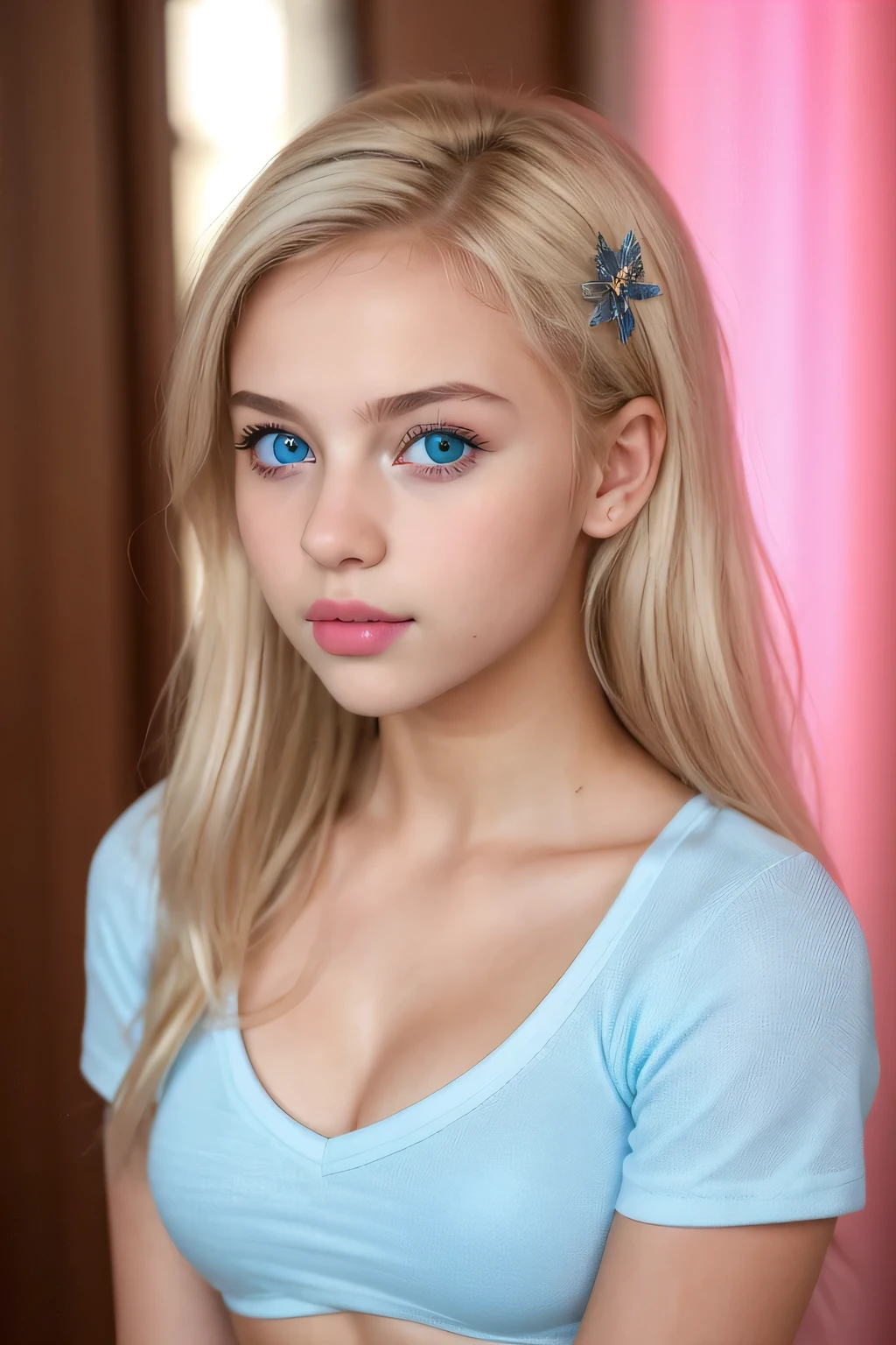 ((8k photo, RAW photo, best quality, ultra res, photorealistic)), (intricate details, masterpiece, hyper-realistic, ultra detailed, 1girl, solo), a photo of a (platinum blonde hair), (light blue eyes), young white girl, ((young girl, girl, tween girl, girl)), in (short sleeves, t-shirt, scoop neck, short shorts, midriff), cleavage, large breasts, ((short, youthful body, youthful face, young body, young face, petite)), (closed mouth, thick lips, full lips, cupid's bow lips), full makeup, (pink lips), showing her face, very sexy outfit, jaw-dropping beauty, seductive look at the camera, sexy young girl, beautiful girl, cute face, innocent face, innocent look, seductive pose, (facing viewer)