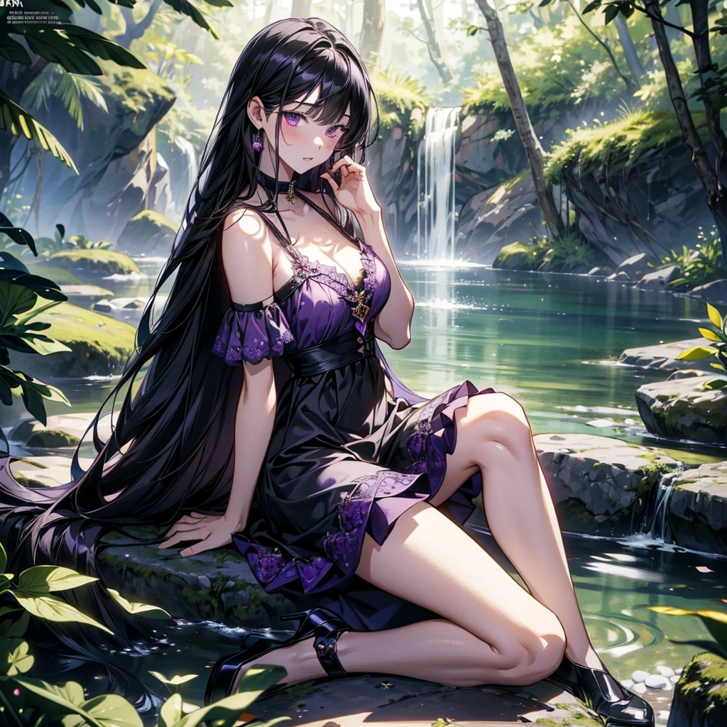 Make an image of a beautiful and pretty woman holding a purple flower, make her look beautiful and pretty, make the background a valley with a waterfall in the background