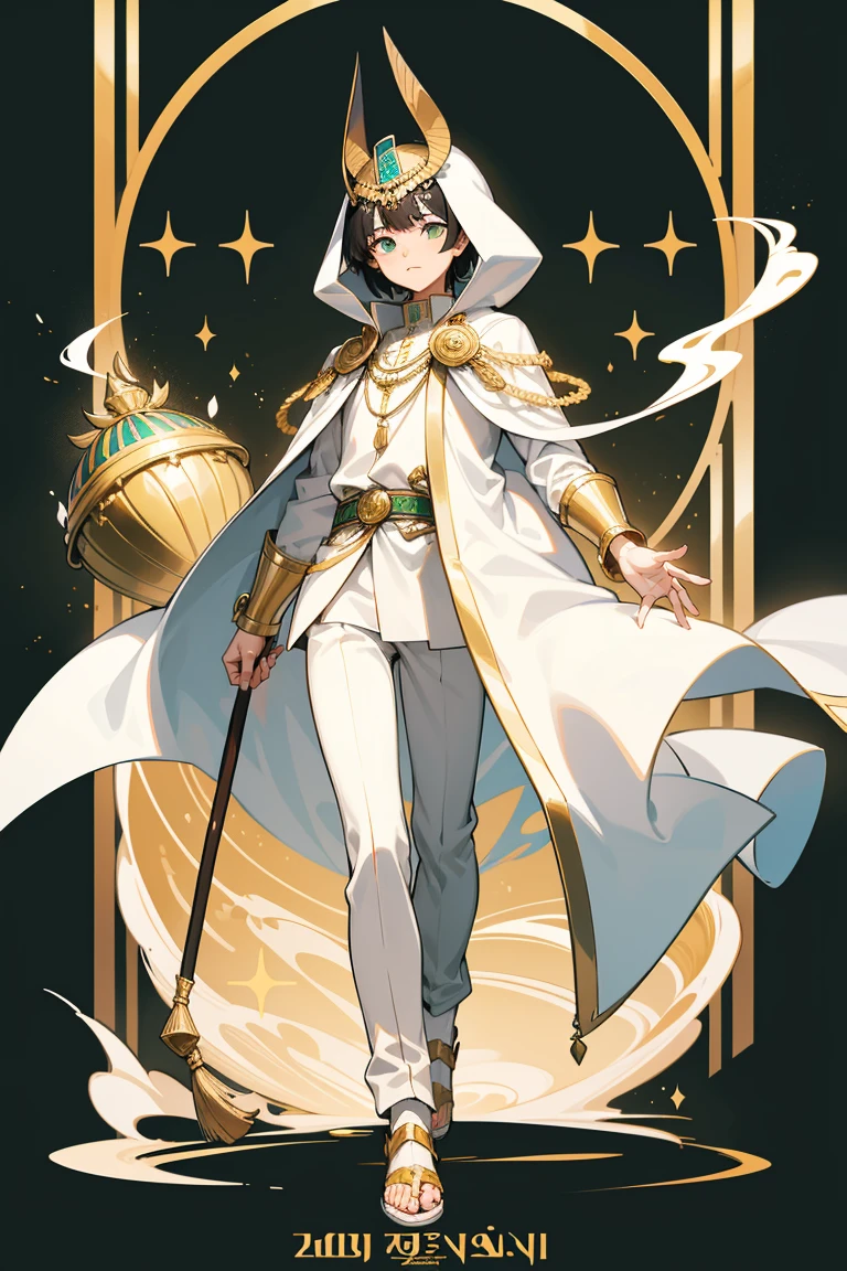  men,18 years old, gold ornaments , white cloak ,Green Long Sleeve Shirt,Short hair,Black hair,Full body,Pharaoh Costume,พื้นหลังสถาปัตยกรรมEgyptian ,magistrates,Egyptian ,Duat,The world after death