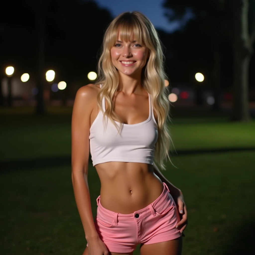 night shot of 20 year old tan girl with dirty long blonde hair, wearing trendy outfit, flirty looks, athlete body, tanned skin, pink lips, walking and smiling outside, tan skin tone, dirty blonde hair, green eyes, realistic photography
