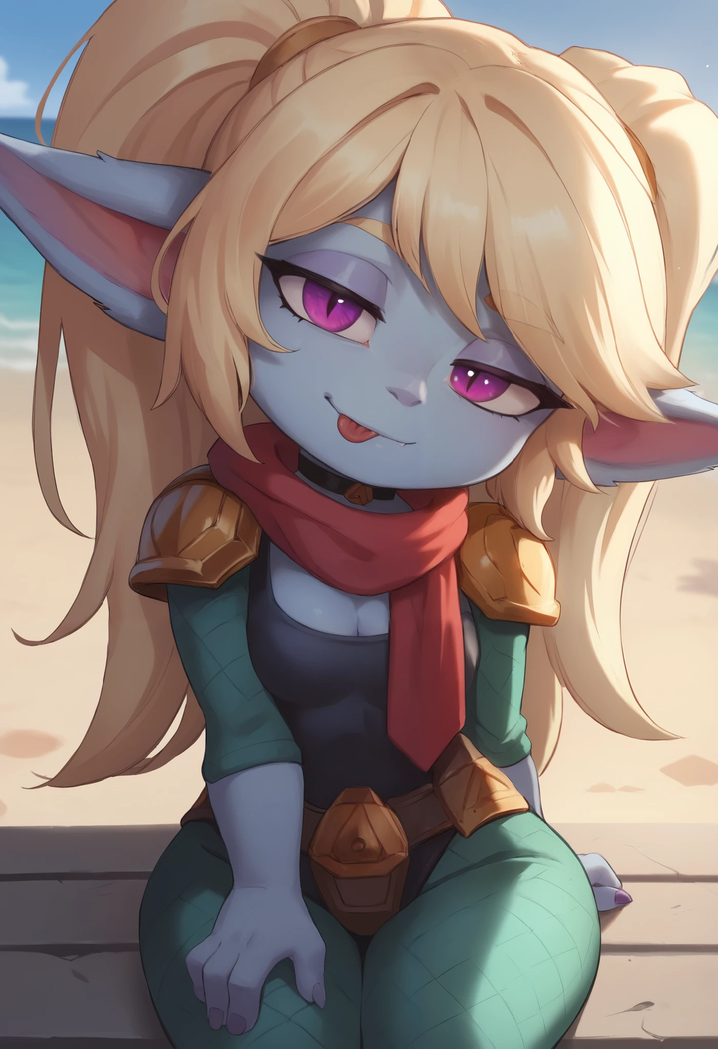 score_9, score_8_up, score_7_up, rating_safe, 1girl, (shortstack:1.3), cute, p0ppy, yordle, blonde hair, blue skin, big twintails, shoulder armor, small breasts, huge hips.(head tilt:1.3), smug, bedroom eyes, close-up, cleavage, scarf, tongue out, against wall, solo, 4 fingers.  choker. swimsuit, a sun hat. beach. sitting