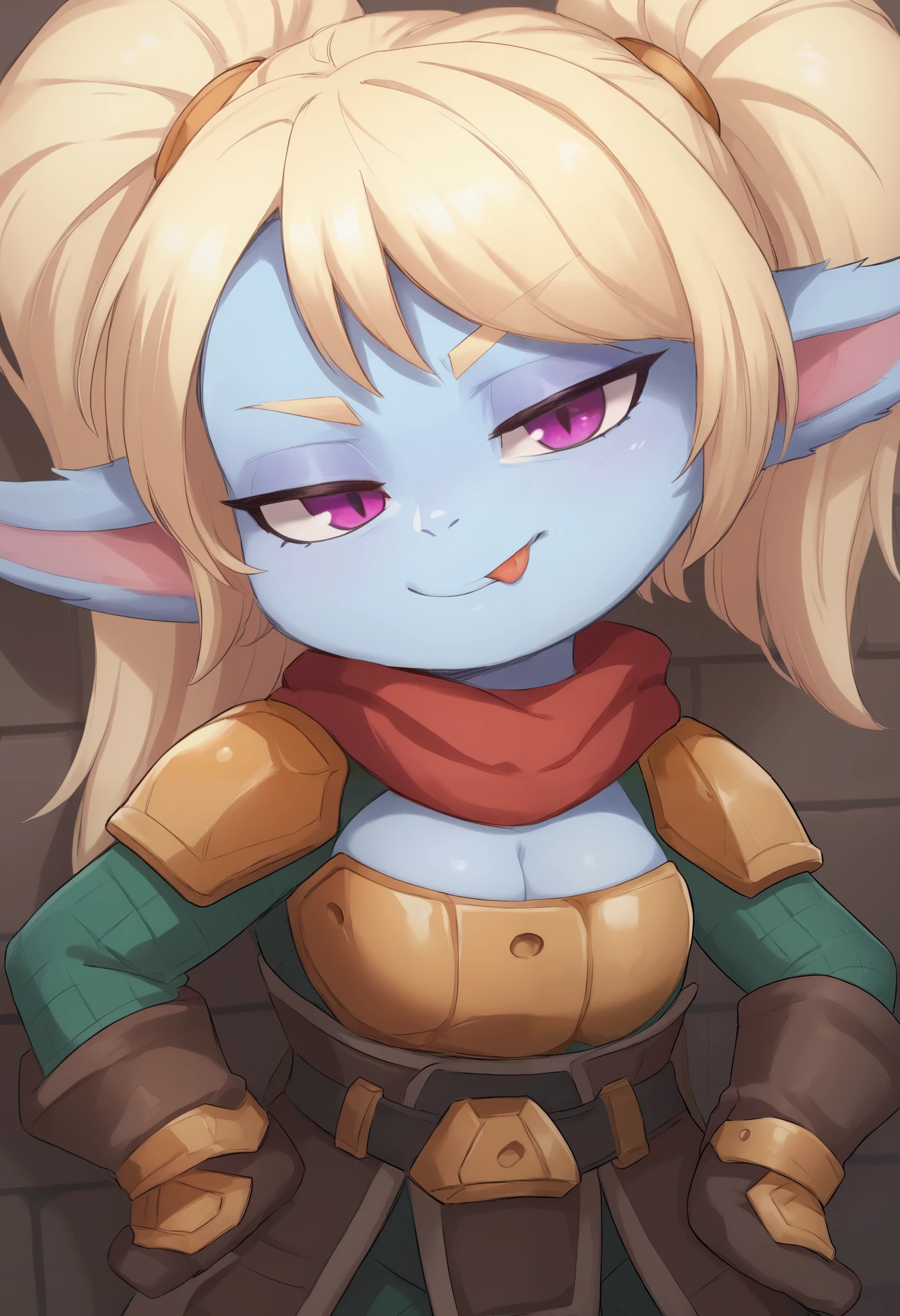 score_9, score_8_up, score_7_up, rating_safe, 1girl, (shortstack:1.3), cute, p0ppy, yordle, blonde hair, blue skin, big twintails, armor, shoulder armor, small breasts, huge hips.(head tilt:1.3), smug, bedroom eyes, close-up, cleavage, scarf, tongue out, against wall, solo, hand on hip, 4 fingers 