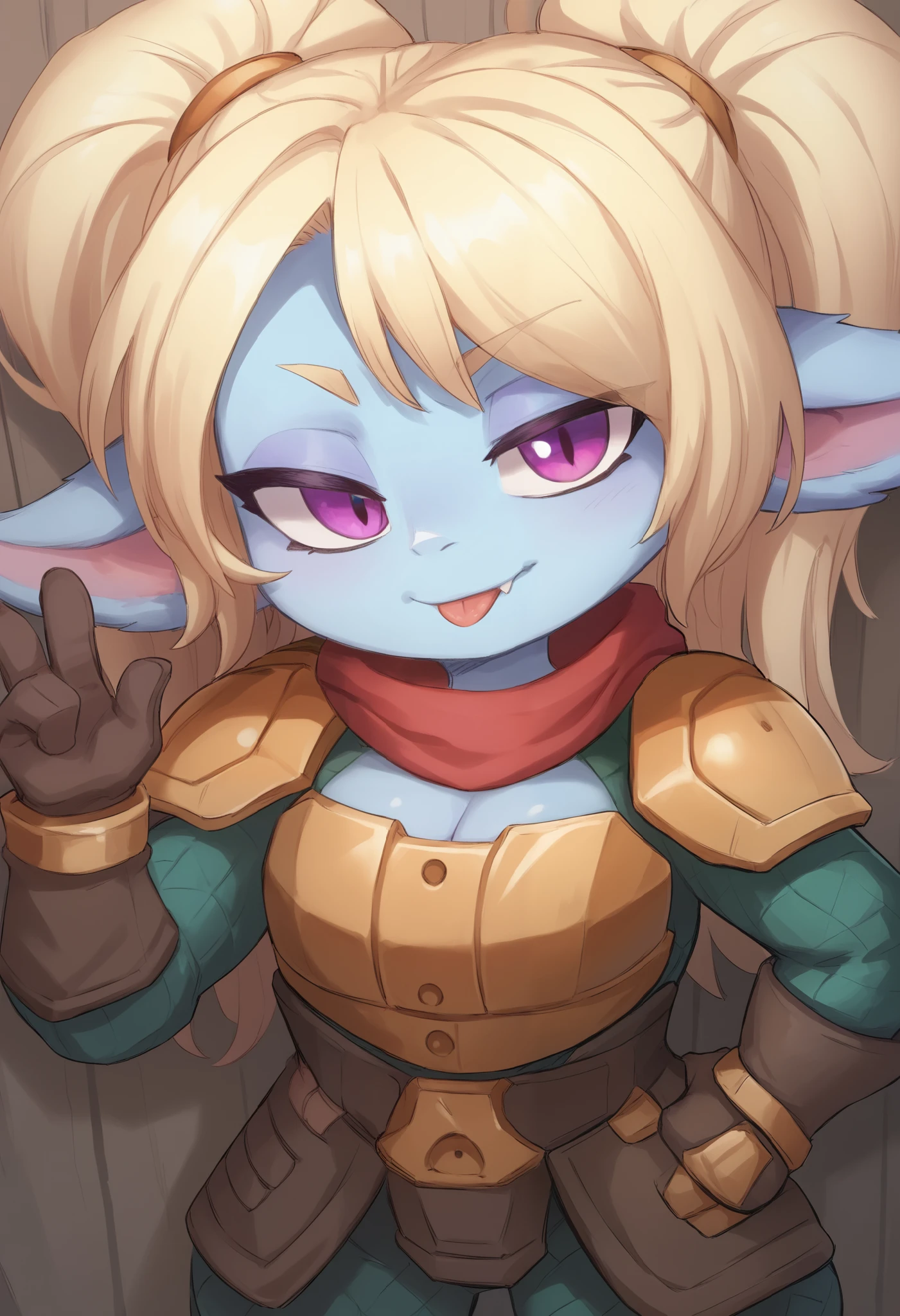 score_9, score_8_up, score_7_up, rating_safe, 1girl, (shortstack:1.3), cute, p0ppy, yordle, blonde hair, blue skin, big twintails, armor, shoulder armor, small breasts, huge hips.(head tilt:1.3), smug, bedroom eyes, close-up, cleavage, scarf, tongue out, against wall, solo, hand on hip, 4 fingers 