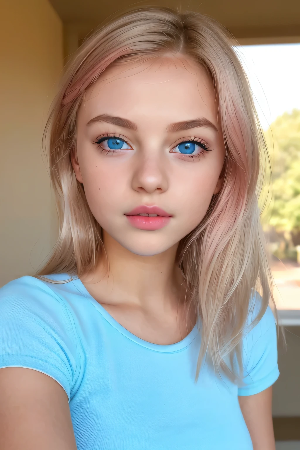 ((8k photo, RAW photo, best quality, ultra res, photorealistic)), (intricate details, masterpiece, hyper-realistic, ultra detailed, 1girl, solo), a photo of a (platinum blonde hair), (light blue eyes), young white girl, ((young girl, girl, tween girl,  girl)), in (short sleeves, t-shirt, scoop neck, short shorts, midriff), cleavage, large breasts, ((short, youthful body, youthful face, young body, young face, petite)), (closed mouth, thick lips, full lips, cupid's bow lips), full makeup, (pink lips), showing her face, very sexy outfit, jaw-dropping beauty, seductive look at the camera, sexy young girl, beautiful girl, cute face, innocent face, innocent look, seductive pose, (facing viewer)