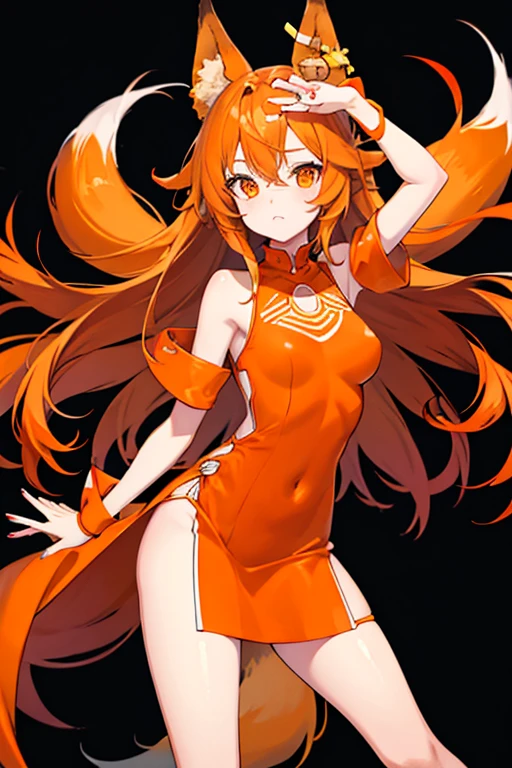 A Tall female with orange eyes and long orange hair in awsome outfit