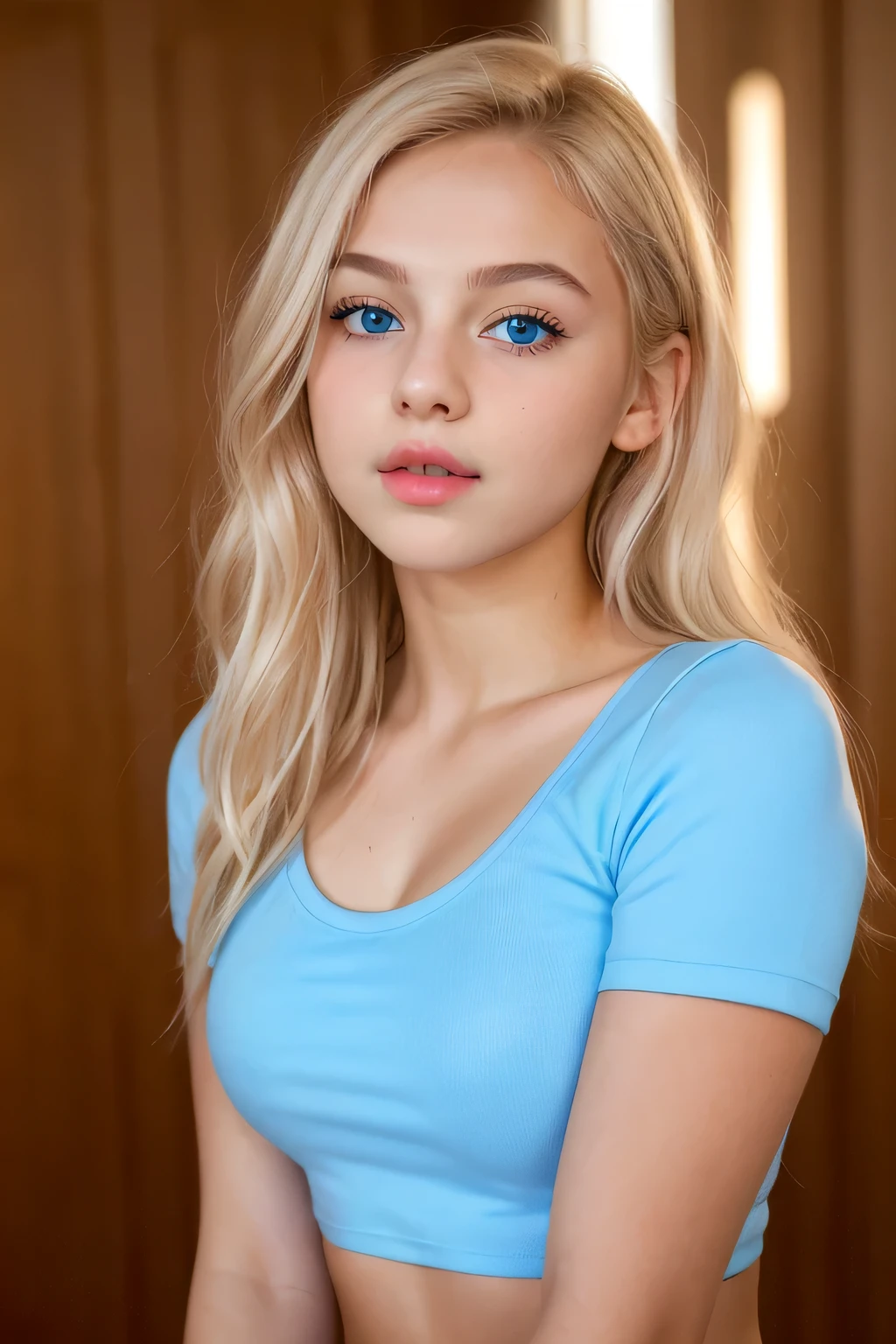 ((8k photo, RAW photo, best quality, ultra res, photorealistic)), (intricate details, masterpiece, hyper-realistic, ultra detailed, 1girl, solo), a photo of a (platinum blonde hair), (light blue eyes), young white girl, ((young girl, girl, tween girl,  girl)), in (short sleeves, t-shirt, scoop neck, short shorts, midriff), cleavage, large breasts, ((short, youthful body, youthful face, young body, young face, petite)), (closed mouth, thick lips, full lips, cupid's bow lips), full makeup, (pink lips), showing her face, very sexy outfit, jaw-dropping beauty, seductive look at the camera, sexy young girl, beautiful girl, cute face, innocent face, innocent look, seductive pose, (facing viewer)