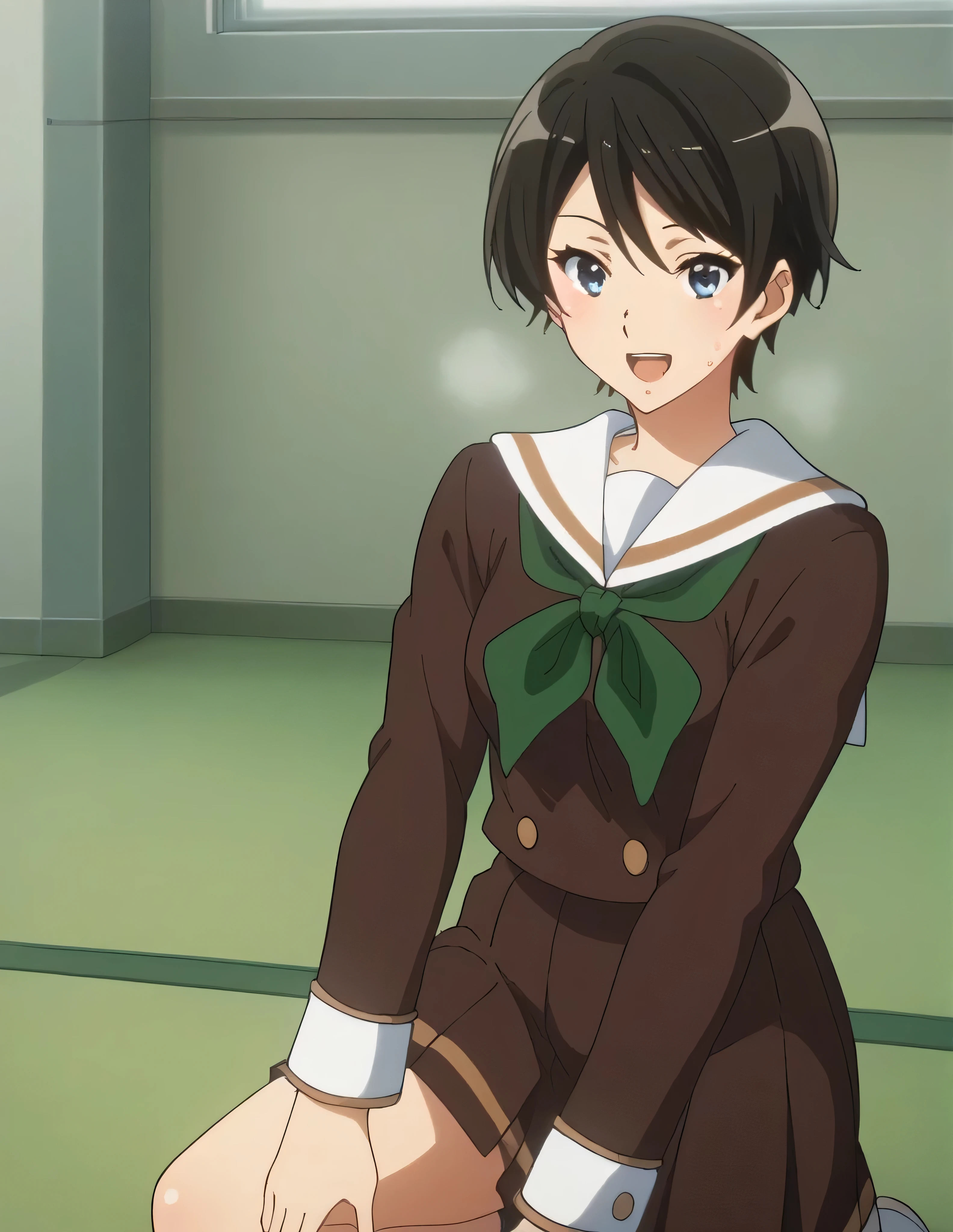 score_9, score_8_  up, score_7_  up, score_6_  up, score_5_  up,   Source_anime, rating_safe,  medium breasts, indoor, Gym,   One Girl  , alone,   viewers, suzuki mirei   ,   short hair, Eyebrow hair,   blue eyes, Judo's Special Training ,  training to break the tiles,  stand on one leg,  exercise ,,  school uniform,  Sera Clothing , Brown uniform ,  White Sailor Color ,    green neckerchief,   Long Sleeve  ,  White cuffs ,   Brown Skirt  ,   pleated skirt ,   Black Knee High ,   wear loafers without pants ,  steam,  open your mouth, sweat, , Gym, Movement, Movement blur, Movement lines,, alone,  upper body, smile,   dynamic pose, A little thick,judo player、judo、Inside the judo Gymnasium、On the tatami、discovery、whole body、rest、 I was raised by the judo family when I was young. 