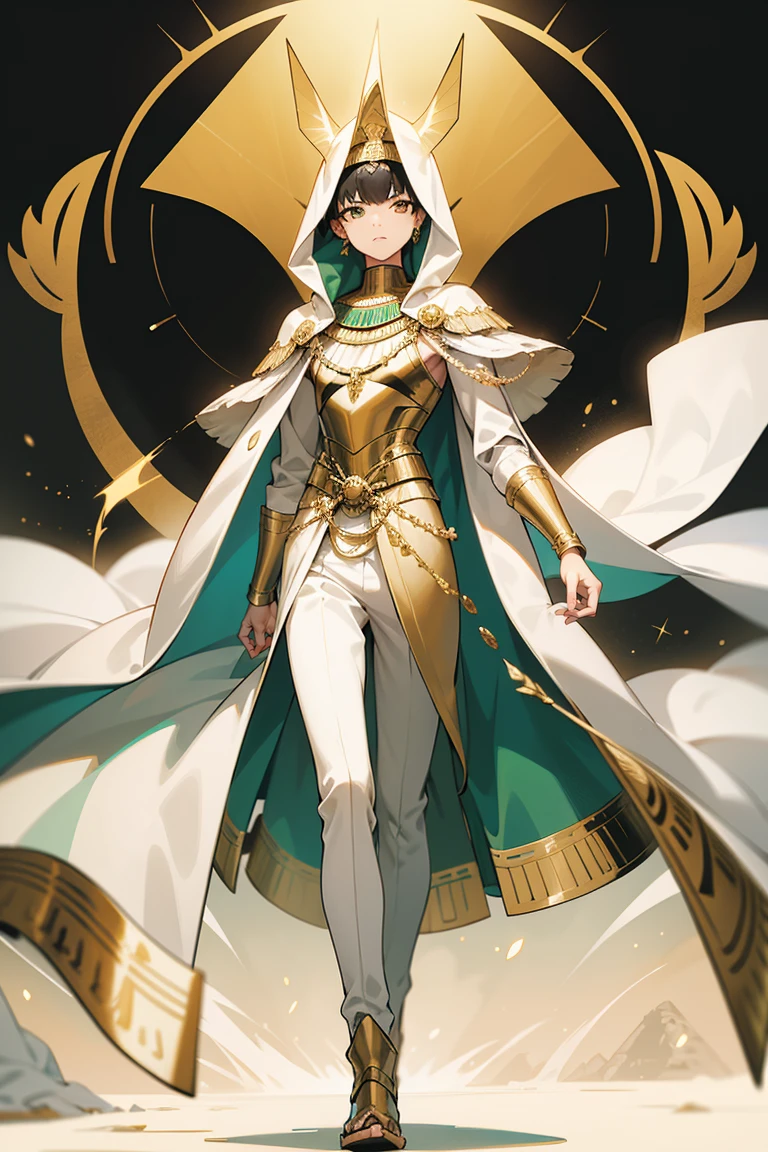  men,18 years old, gold ornaments , white cloak ,In a green veil,Short hair,Black hair,Full body,Pharaoh Costume,พื้นหลังสถาปัตยกรรมEgyptian , Judge,Egyptian ,Duat,The world after death