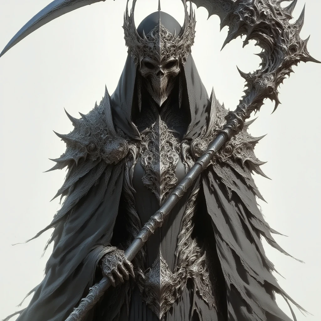 deadly horror, A striking illustration of low saturation, cloaked in intricate, gothic-style robes with ornate patterns and metallic detailing. The figure's face is obscured by deep shadows under the hood, adding a mysterious and ominous aura. The large, ornate scythe held by the figure is highly detailed, featuring swirling engravings and elaborate decorations along the blade and handle. The texture of the robes is rich and layered, with flowing fabrics and tattered edges, contributing to a sense of age and decay. The overall mood of the artwork is dark and foreboding, emphasizing the themes of mortality and the macabre
