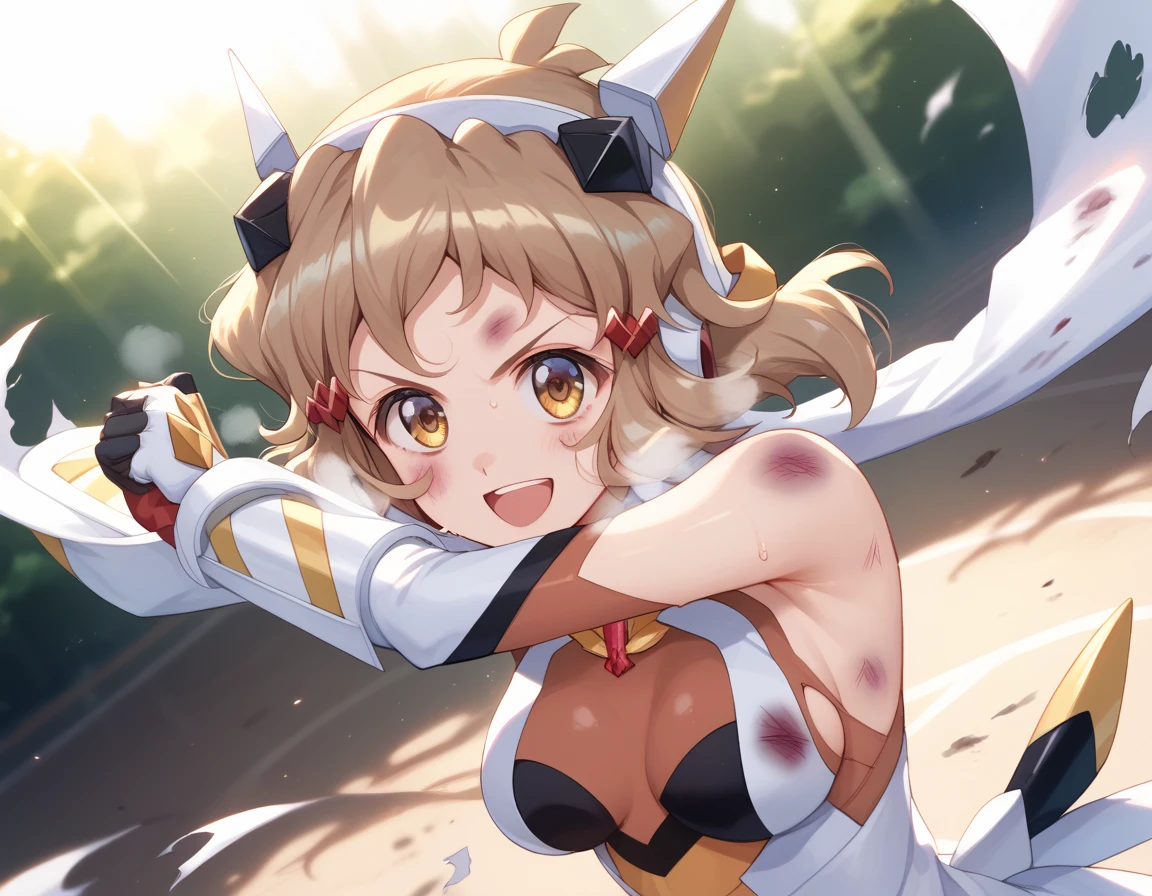  top quality ,  soft light during the cruise,  super high res,  cute, Beautiful face in every detail , High Resolution Details of Human Skin Textures, Shiny Skin,sweat,Heat, white breath ,Take a deep breath,Hibiki Tachibana,Brown Hair,, battle costume,Outdoor Arena,sunlight, serious eyes,Ready,Big eyes, Symphogear ,armed gear , open mouth ,Fighting pose,bruised body, has weapons, hair ornament, torn clothes ,Short Hair,smile