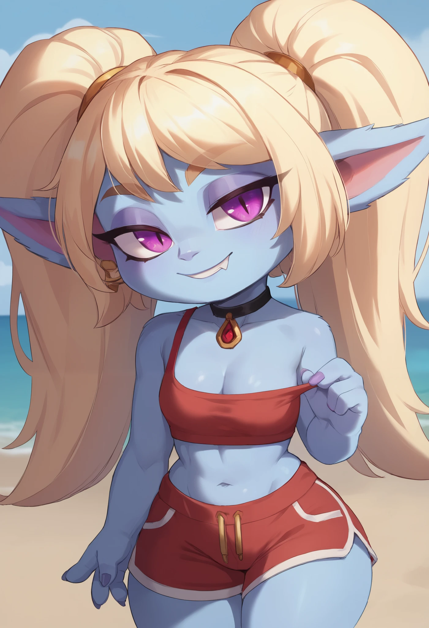 score_9, score_8_up, score_7_up, rating_safe, 1girl, (shortstack:1.3), cute, p0ppy, yordle, blonde hair, blue skin, big twintails, small breasts, huge hips.(head tilt:1.3), smug, bedroom eyes, close-up, cleavage, solo, 4 fingers. choker. makeup, earrings, red pendant, tshirt. shorts. beach. 