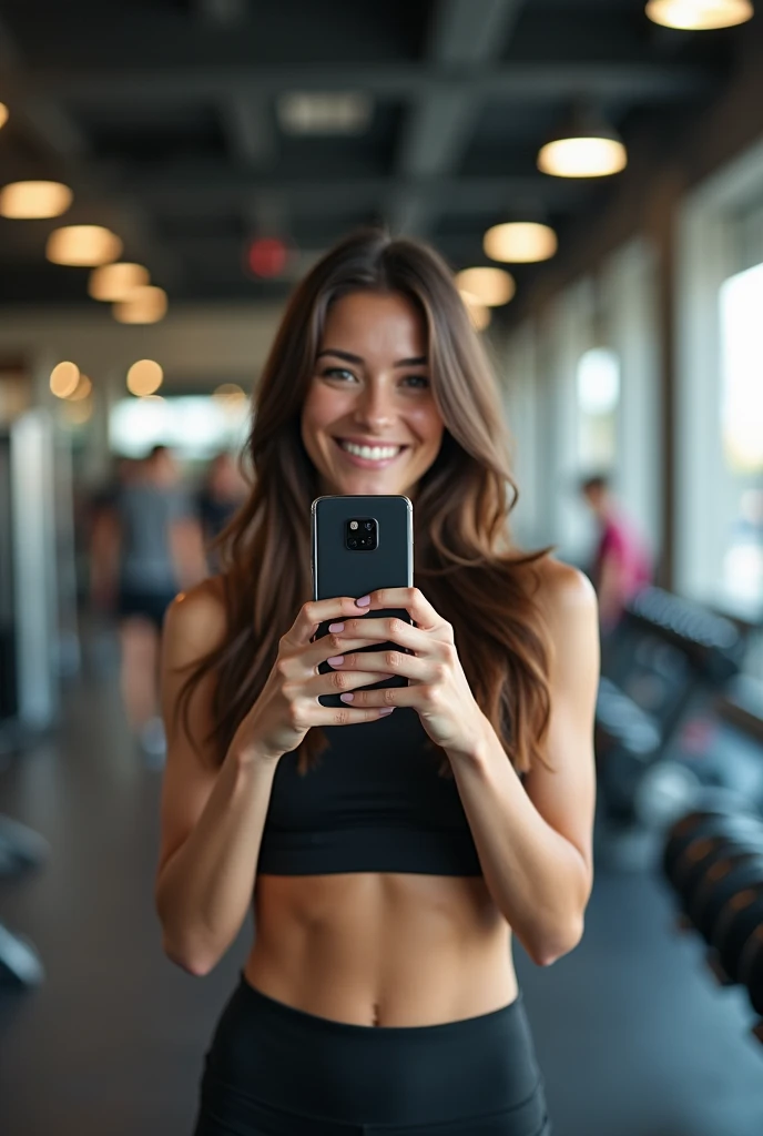 a young brunette having a selfie picture during gym.
She has long hairs and she is smiling