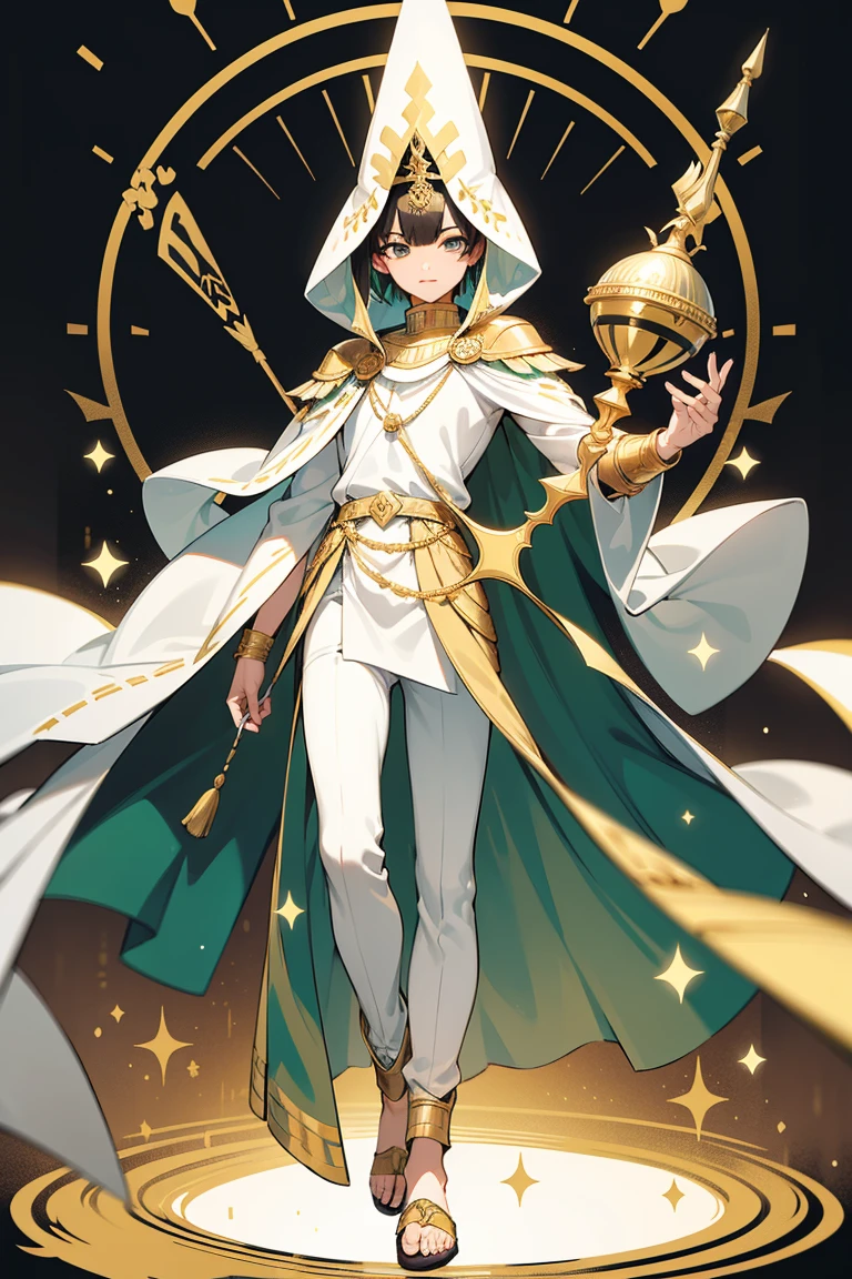  men, , gold ornaments , white cloak ,In a green veil,Short hair,Black hair,Full body,Pharaoh Costume,พื้นหลังสถาปัตยกรรมEgyptian , Judge,Egyptian ,Duat,The world after death,Holds a stick