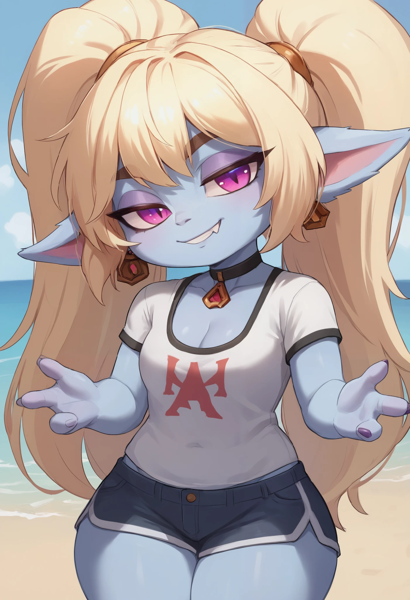 score_9, score_8_up, score_7_up, rating_safe, 1girl, (shortstack:1.3), cute, p0ppy, yordle, blonde hair, blue skin, big twintails, small breasts, huge hips.(head tilt:1.3), smug, bedroom eyes, close-up, cleavage, solo, 4 fingers. choker. makeup, earrings, red pendant, tshirt. shorts. beach. 