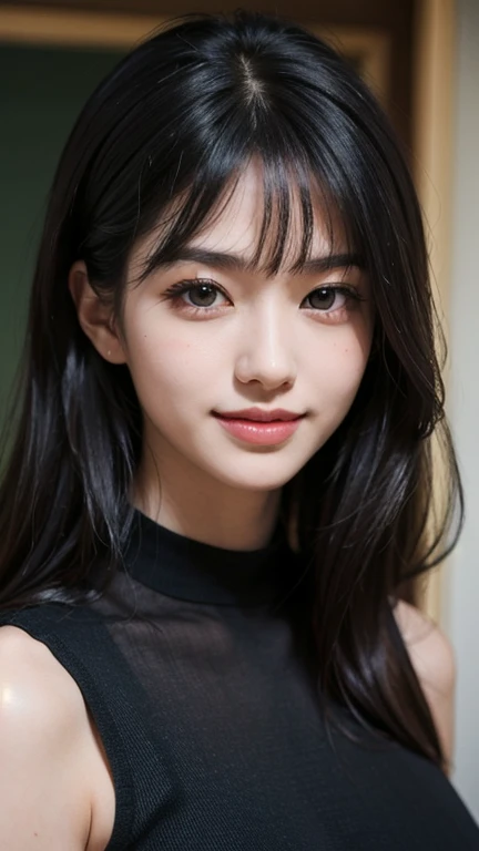 ((((medium hair)))), (masterpiece),((ultra-detailed)), (highly detailed CG illustration),(expressionless), (best quality:1.2),realistic8K UHD,High definition,(1girl:1.2),High quality texture,intricate details,detailed texture,finely detailed,high detail,extremely detailed cg,High quality shadow,a realistic representation of the face,Detailed beautiful delicate face,Detailed beautiful delicate eyes, black eye pupil, a face of perfect proportion,Depth of field,Cinematic Light,Lens Flare,Ray tracing,perspective,20s, Prominent Nose,slender face,tall girl, (big eyes:1.2),blush,glossy lips,perfect body,lean body,Particles of Light,(narrow waist:1.3),large breast, distinct_image, high_resolution, (lustrous skin), solo focus, , (finely detailed beautiful eyes and detailed face),(detailed face), (hair streaked hair), light source contrast, ((smile)), (pureerosface_v1:0.5) , (ulzzang-6500-v1.1:0.5), <lora:LingYi_V1:0.4>