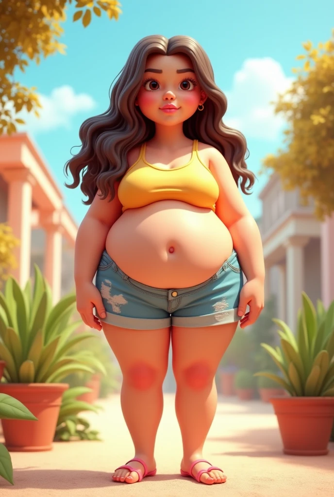 Disney Pixar Style A Brunette Woman A Beautiful Pregnant A Beautiful Smile Short Has 1,58 tall is wearing a black bikini Tweet Dental Has dark brown hair short medium curly has light brown eye has tattoo is wearing silver hoop earring
