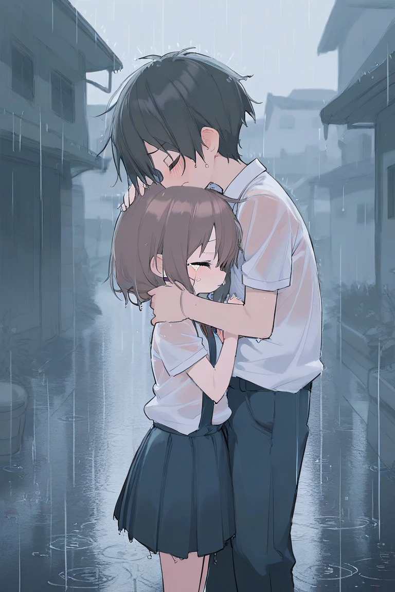 1 boy, 1 girl, teenage boy hugging younger girl, pressing girl to his chest, student uniforms, raining, wet clothes, emotional scene, masterpiece, the best quality, town in the backgroun, both crying