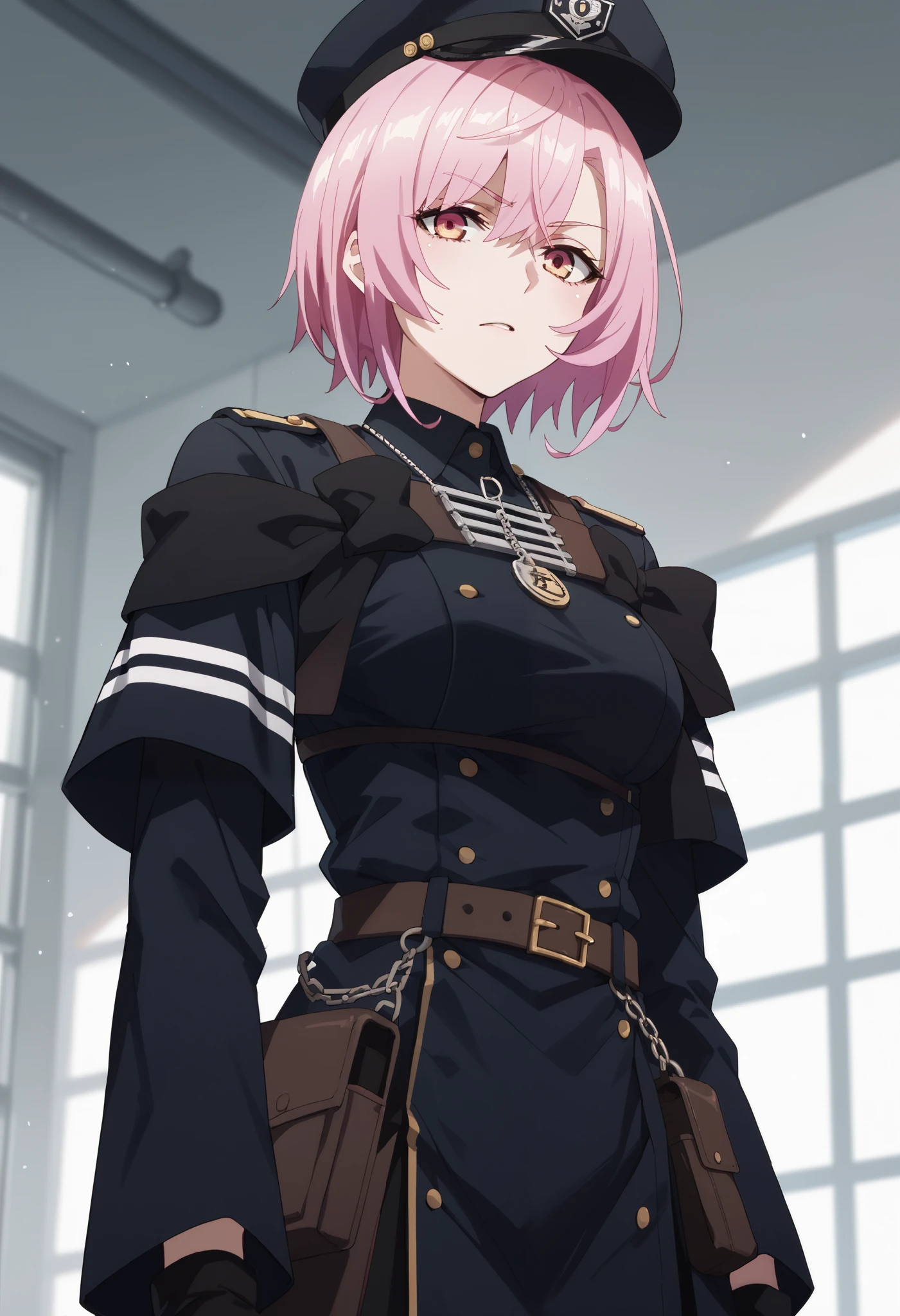 score_9,score_8_up,score_7_up,,solo,smart_sitri,short_hair,pink_hair,black prison guard oficcer unifor,,blak officer hat,