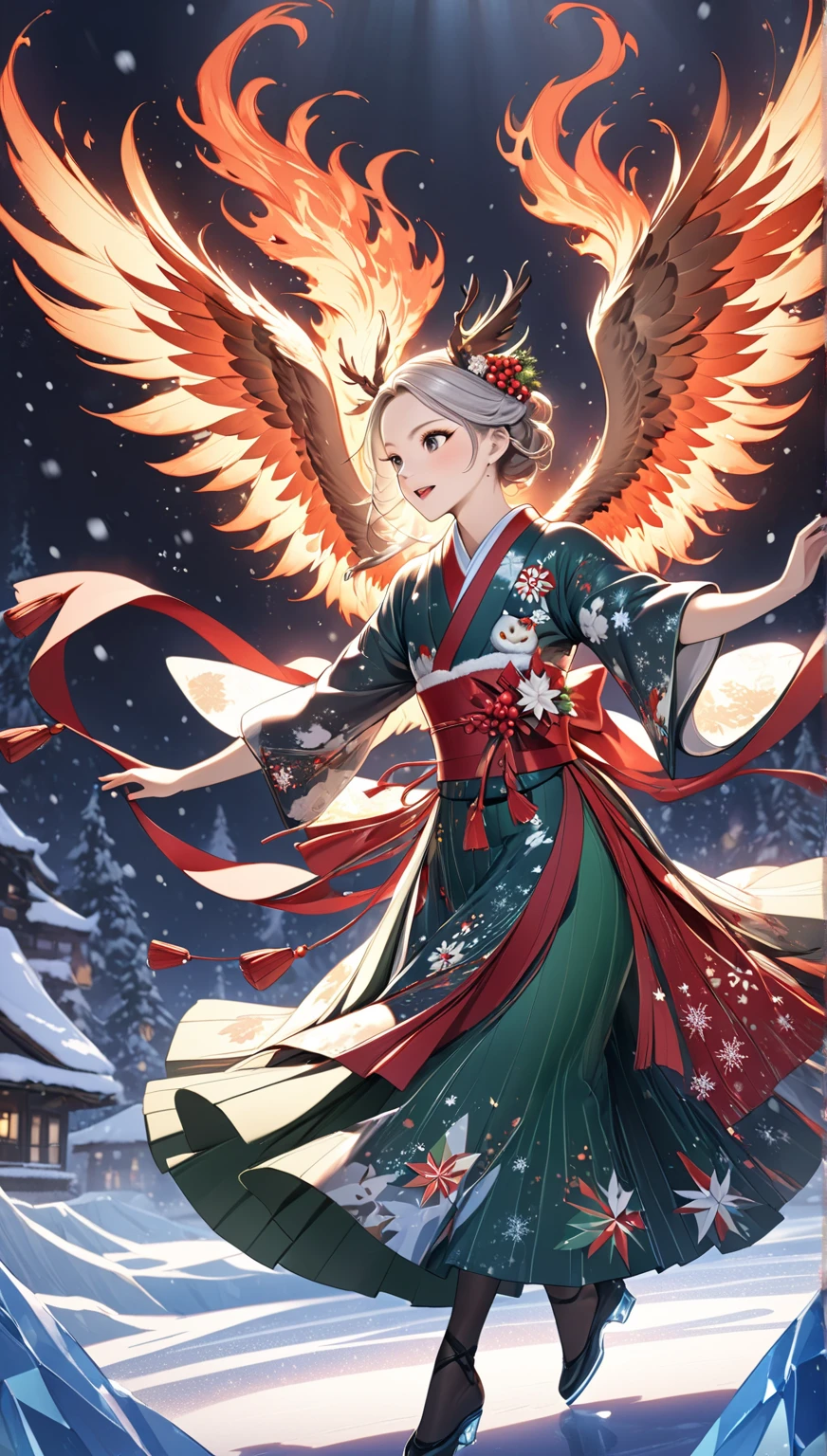 masterpiece  :1.2，   christmas illustration， ((Dancing on ice   ))，     fantasy world  ,       Japanese style    , ((Incarnation of Fire:1.1))，      Details，   Christmas Winter Scenery  ，An owl is flapping its wings    ，     wonderful  ，      Pro Pictures   ，