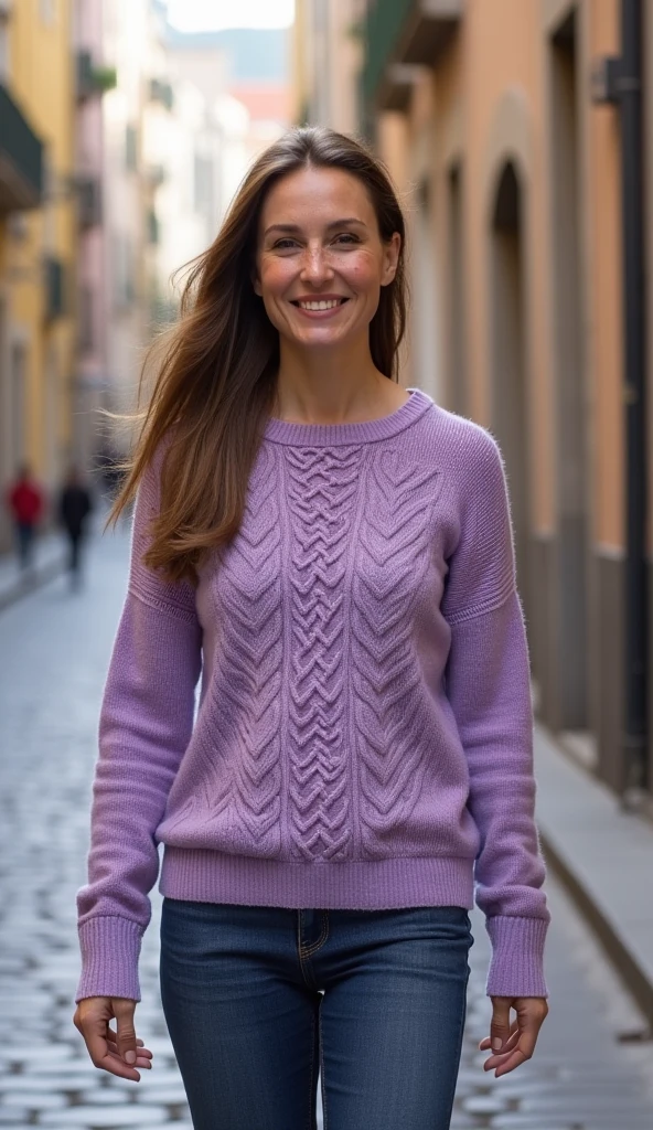Eva Longoria wearing a heart sweater and cold colored jeans and smiling