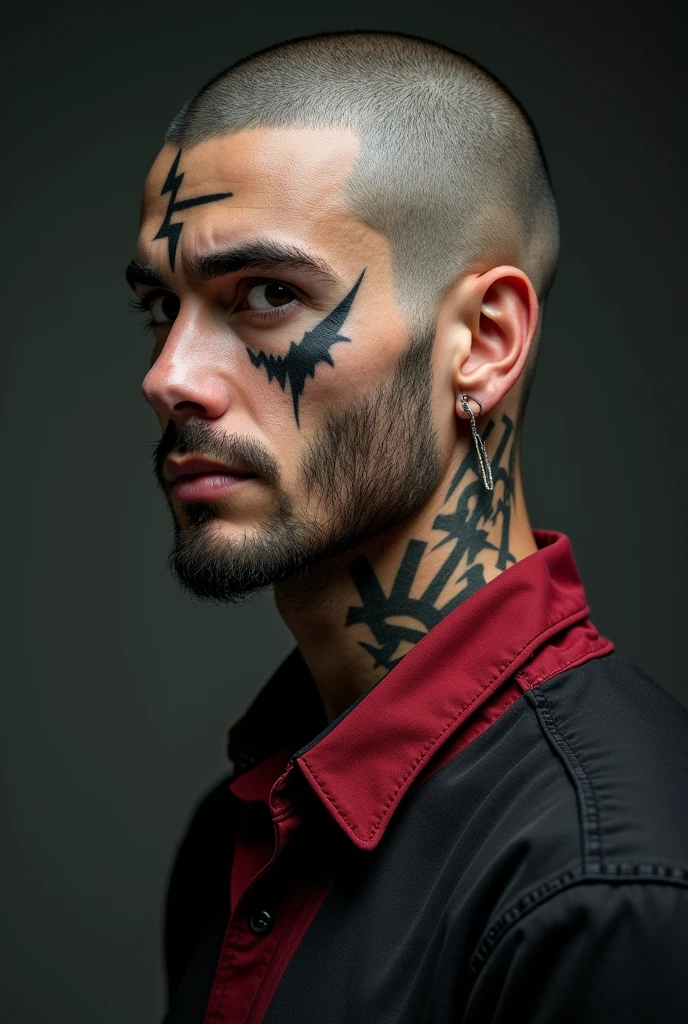 Tattooed male model shaved head, pointy mustache, soul pach, visible glasgow smile scars (scars like Heath ladgers jocker, from the corner of the mouth in the direction of the
ear, both sides, left and right) slim fitt, face and neck emerging from absolute darkness.