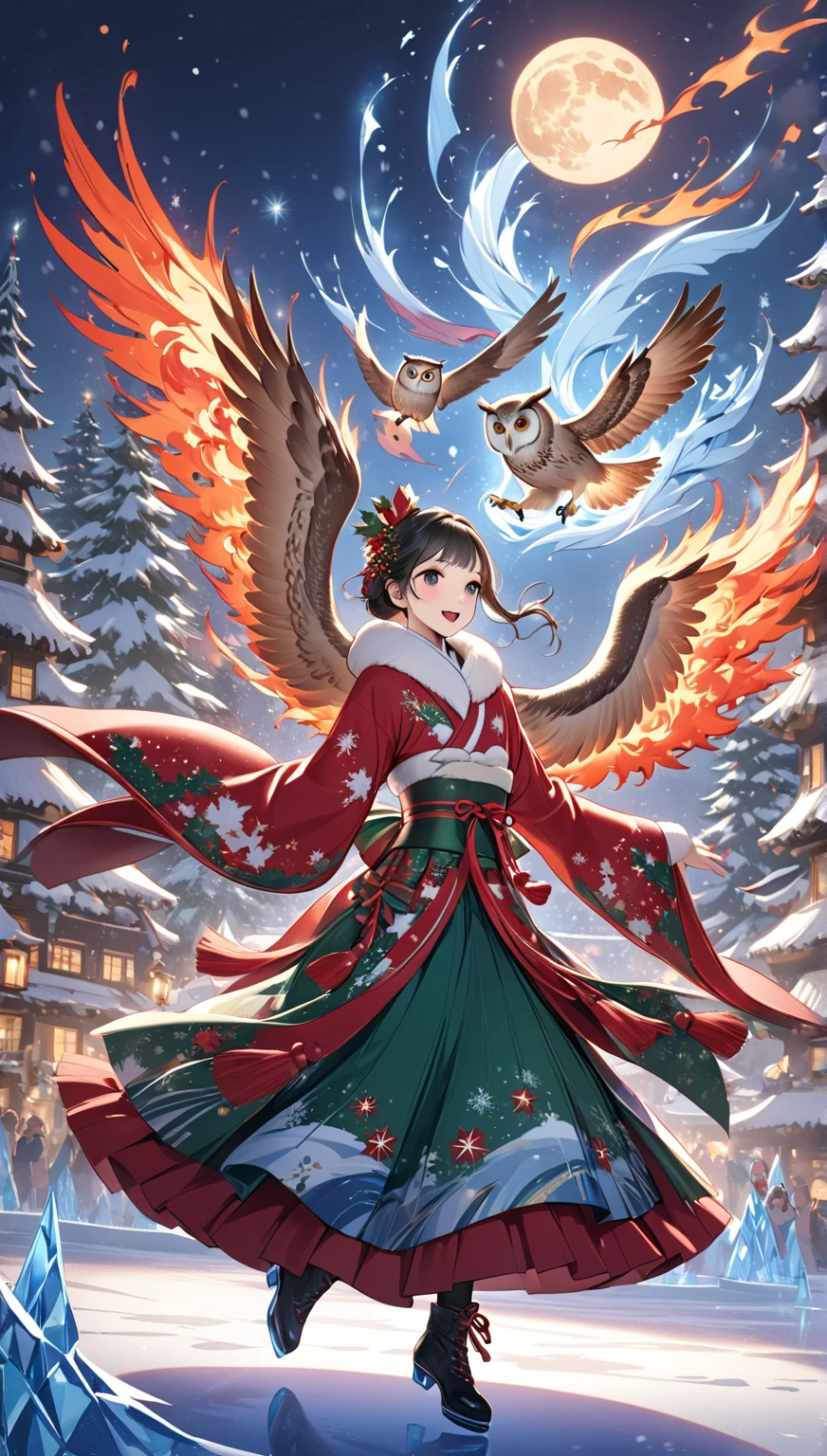 masterpiece  :1.2，   christmas illustration， ((Dancing on ice   ))，     fantasy world  ,       Japanese style    , ((Incarnation of Fire:1.1))，      Details，   Christmas Winter Scenery  ，An owl is flapping its wings    ，     wonderful  ，      Pro Pictures   ，