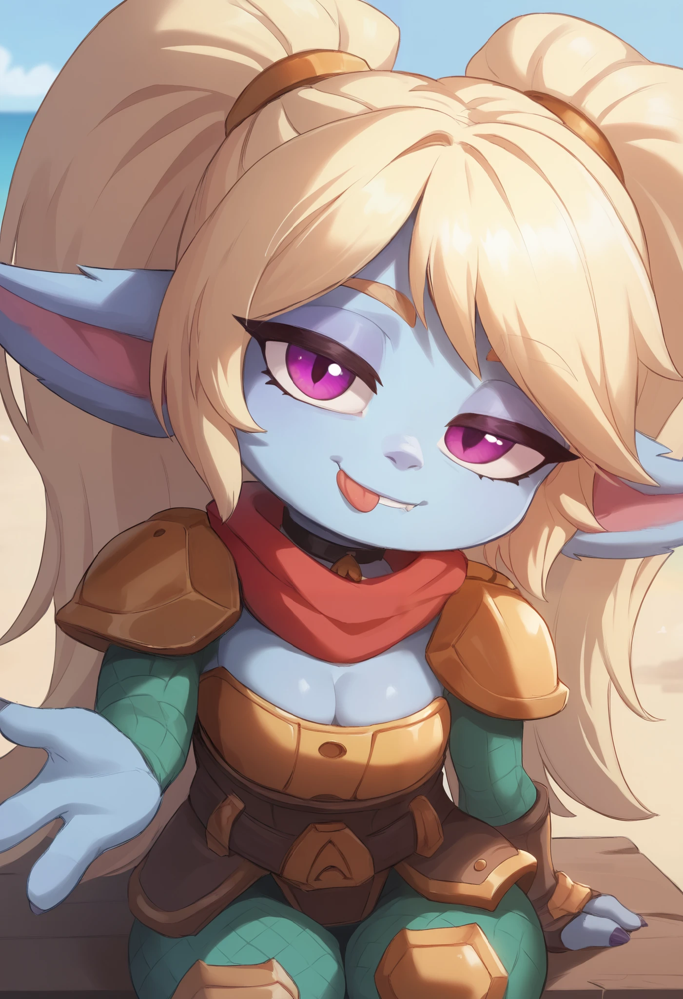 score_9, score_8_up, score_7_up, rating_safe, 1girl, (shortstack:1.3), cute, p0ppy, yordle, blonde hair, blue skin, big twintails, shoulder armor, small breasts, huge hips.(head tilt:1.3), smug, bedroom eyes, close-up, cleavage, scarf, tongue out, against wall, solo, 4 fingers.  choker. swimsuit, a sun hat. beach. sitting